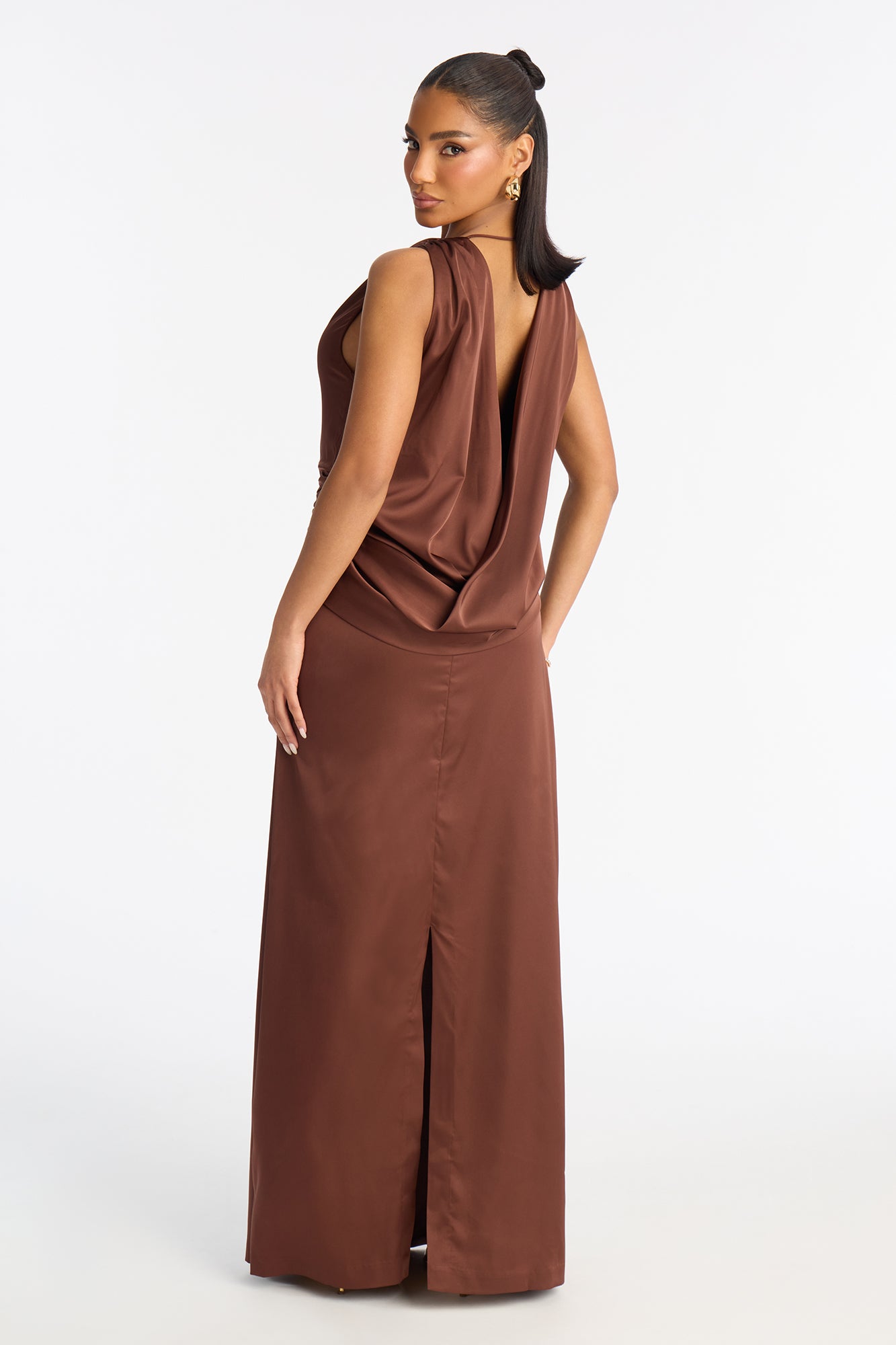 Elsie Draped Satin Maxi Dress - Chocolate