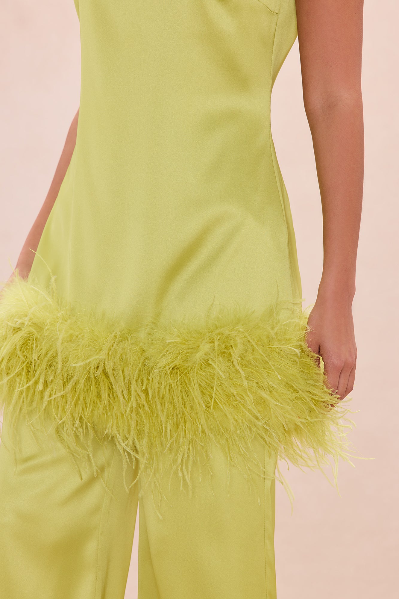 Chic Obsession Feathered Satin Pant Set - Chartreuse