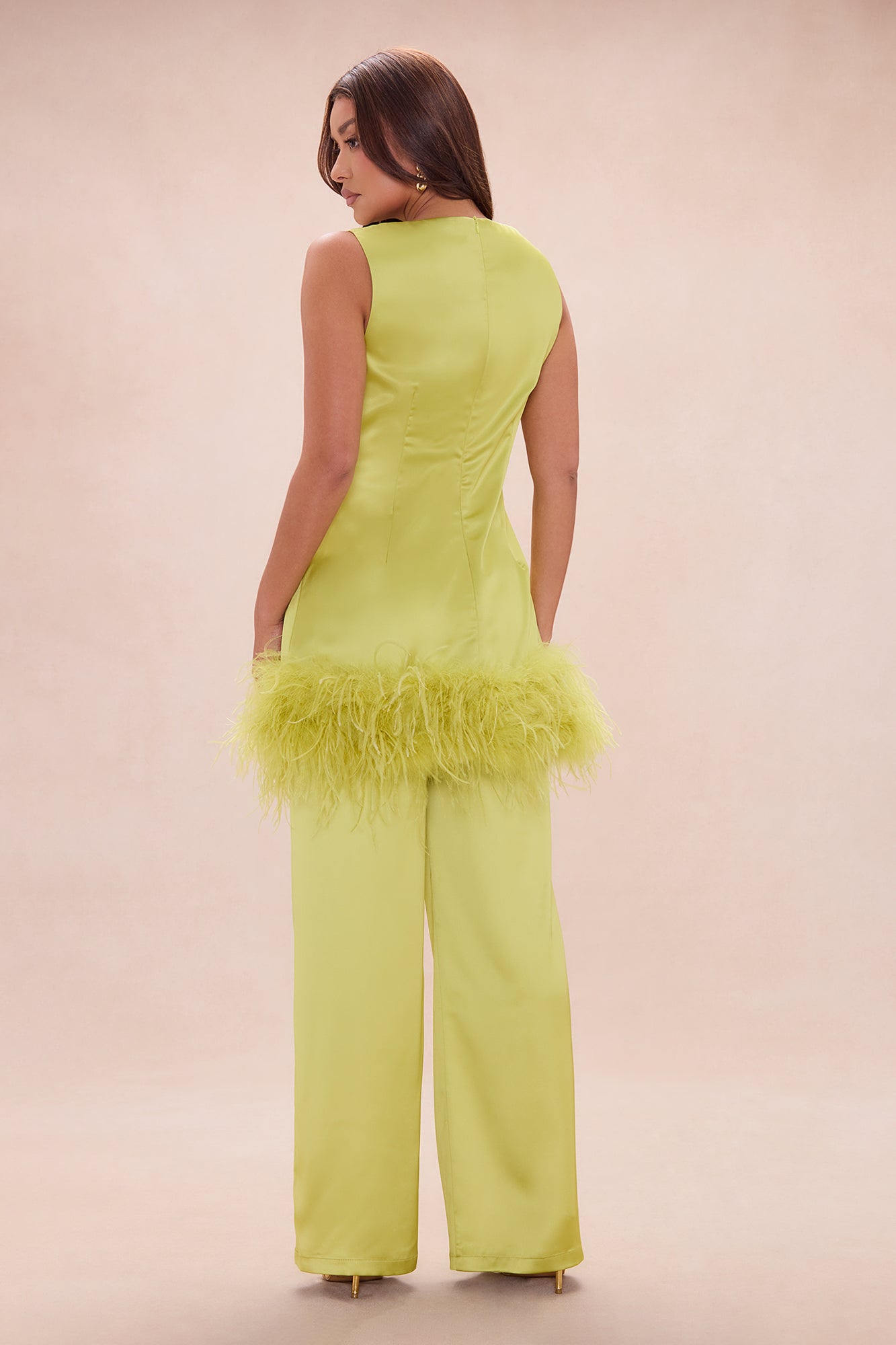 Chic Obsession Feathered Satin Pant Set - Chartreuse