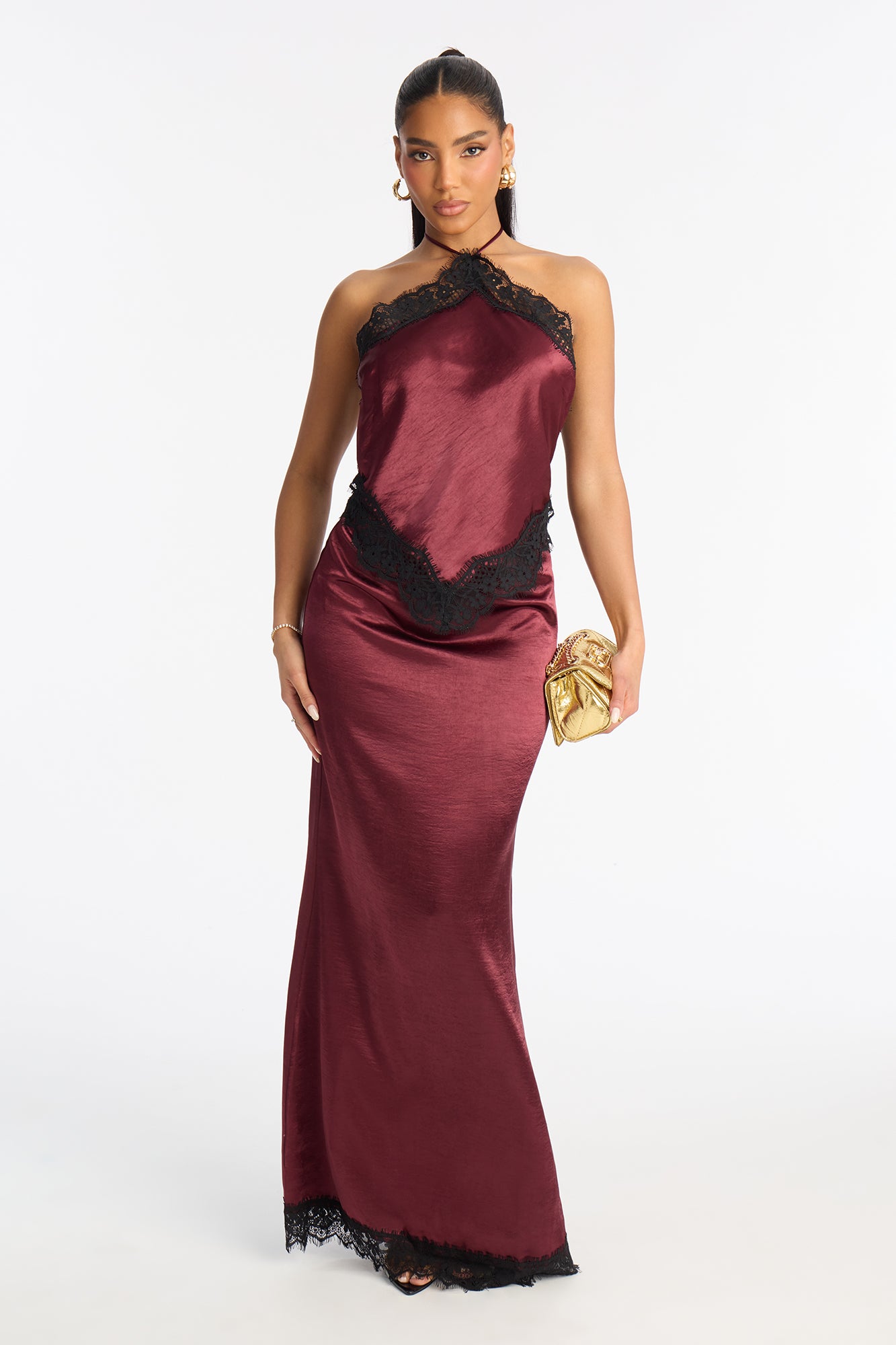 Karina Lace Trim Satin Gown - Wine