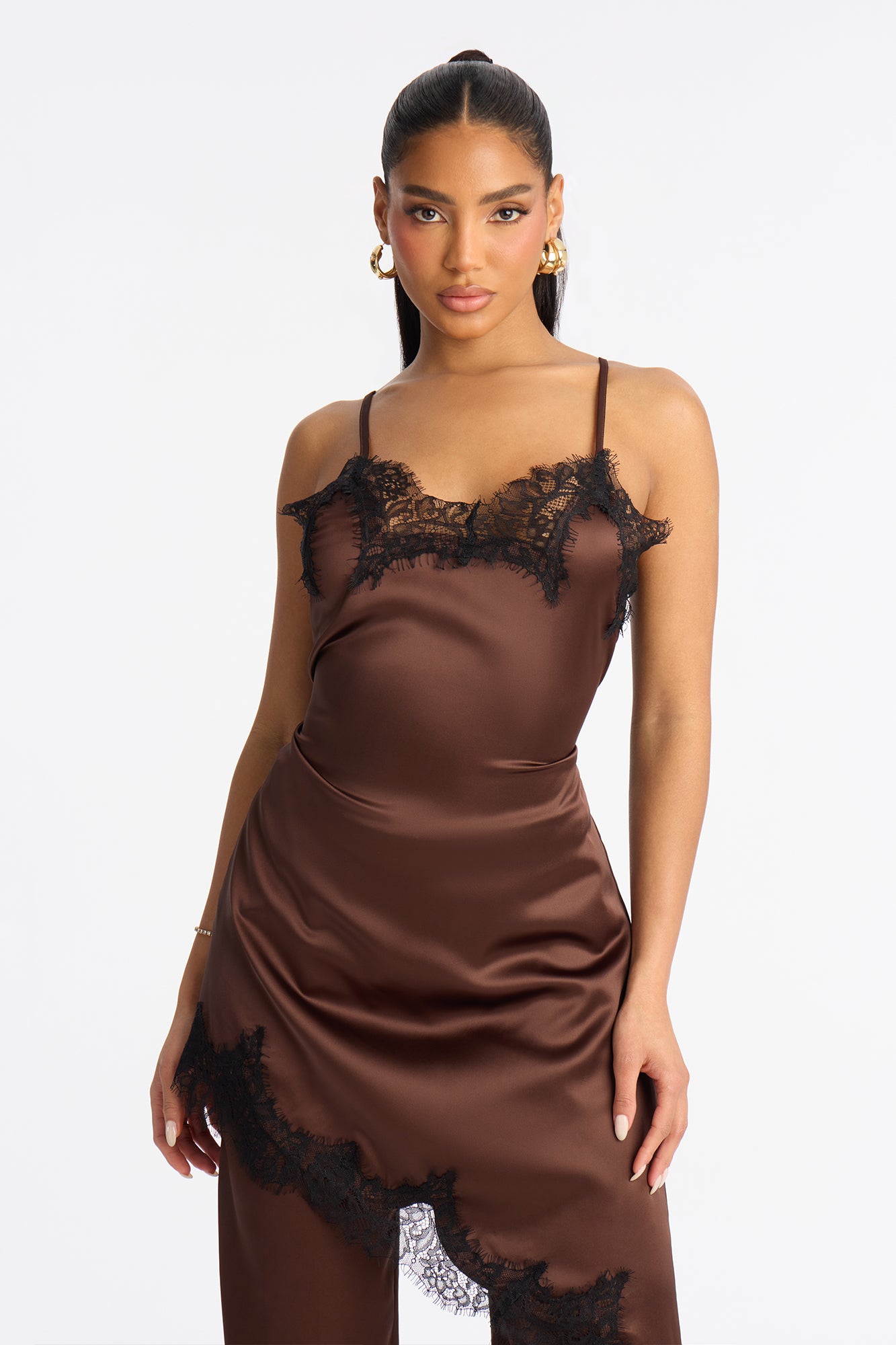 Arya Laced Satin Pant Set - Chocolate