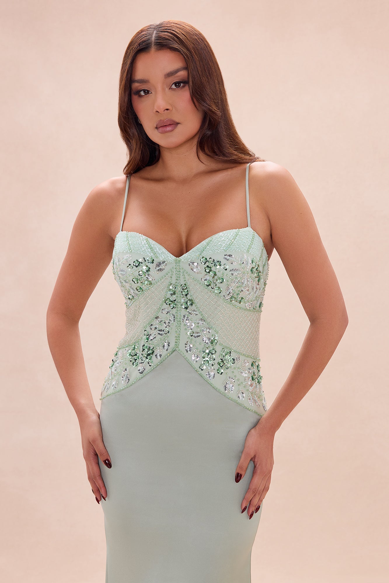 Melodie Embellished Satin Maxi Dress - Sage