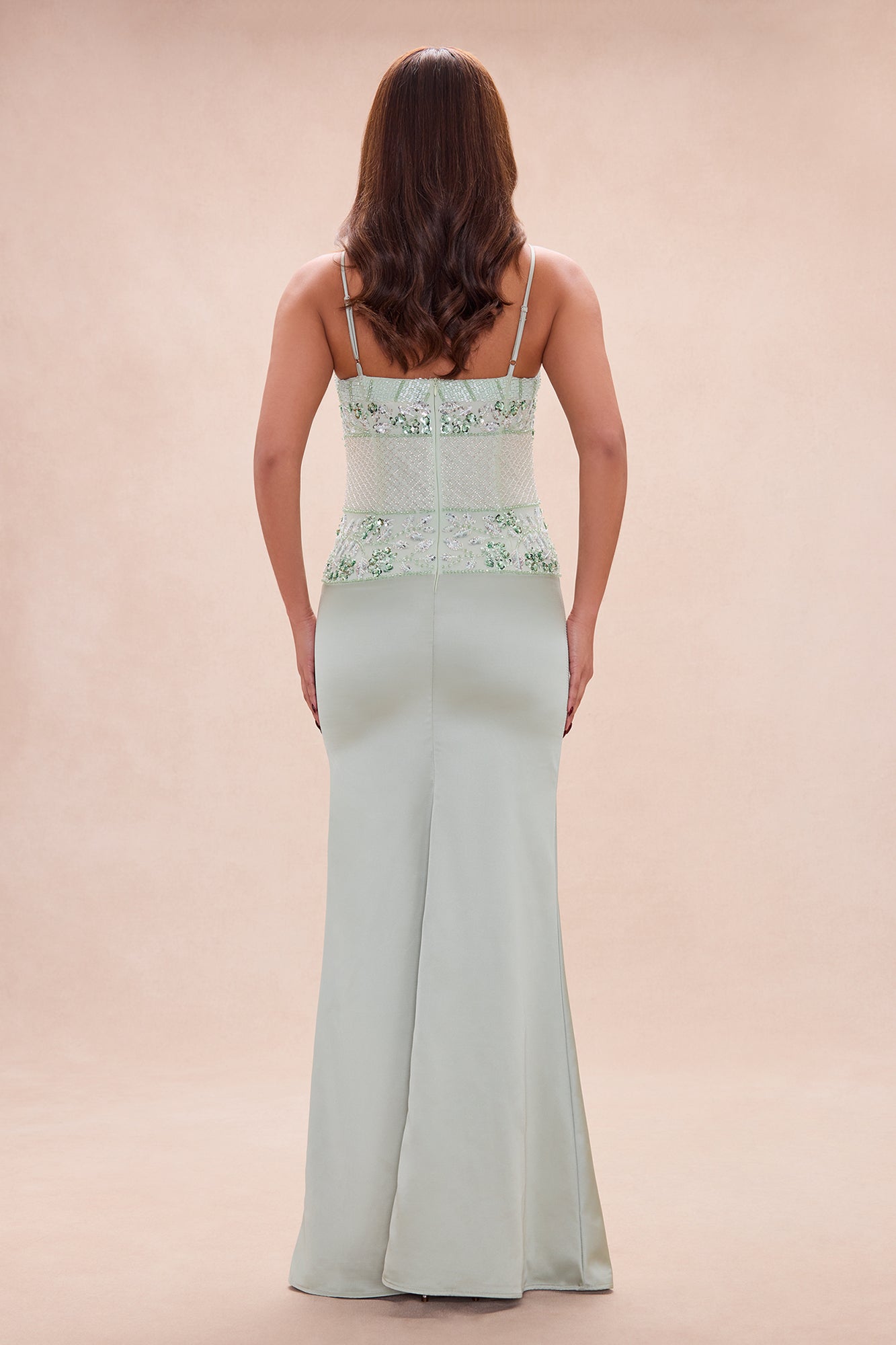 Melodie Embellished Satin Maxi Dress - Sage