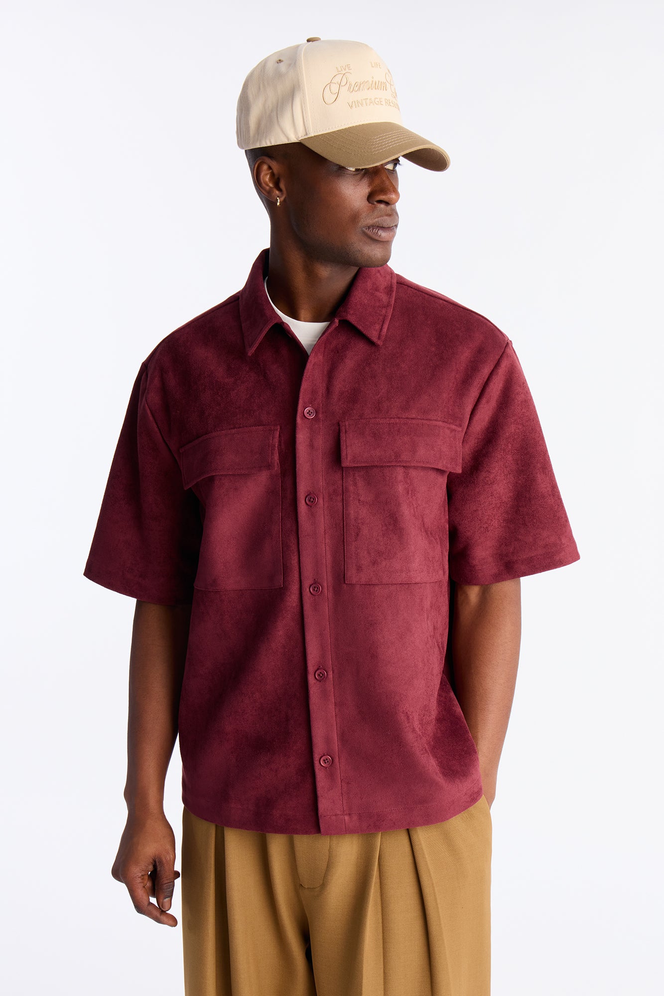Relaxed Brushed Double Pocket Button Up Shirt - Burgundy