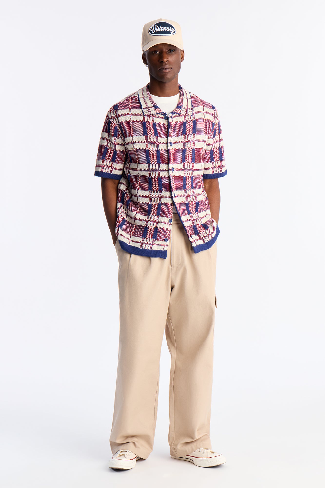 Crosshatch Closed Collar Button Up Shirt - Red