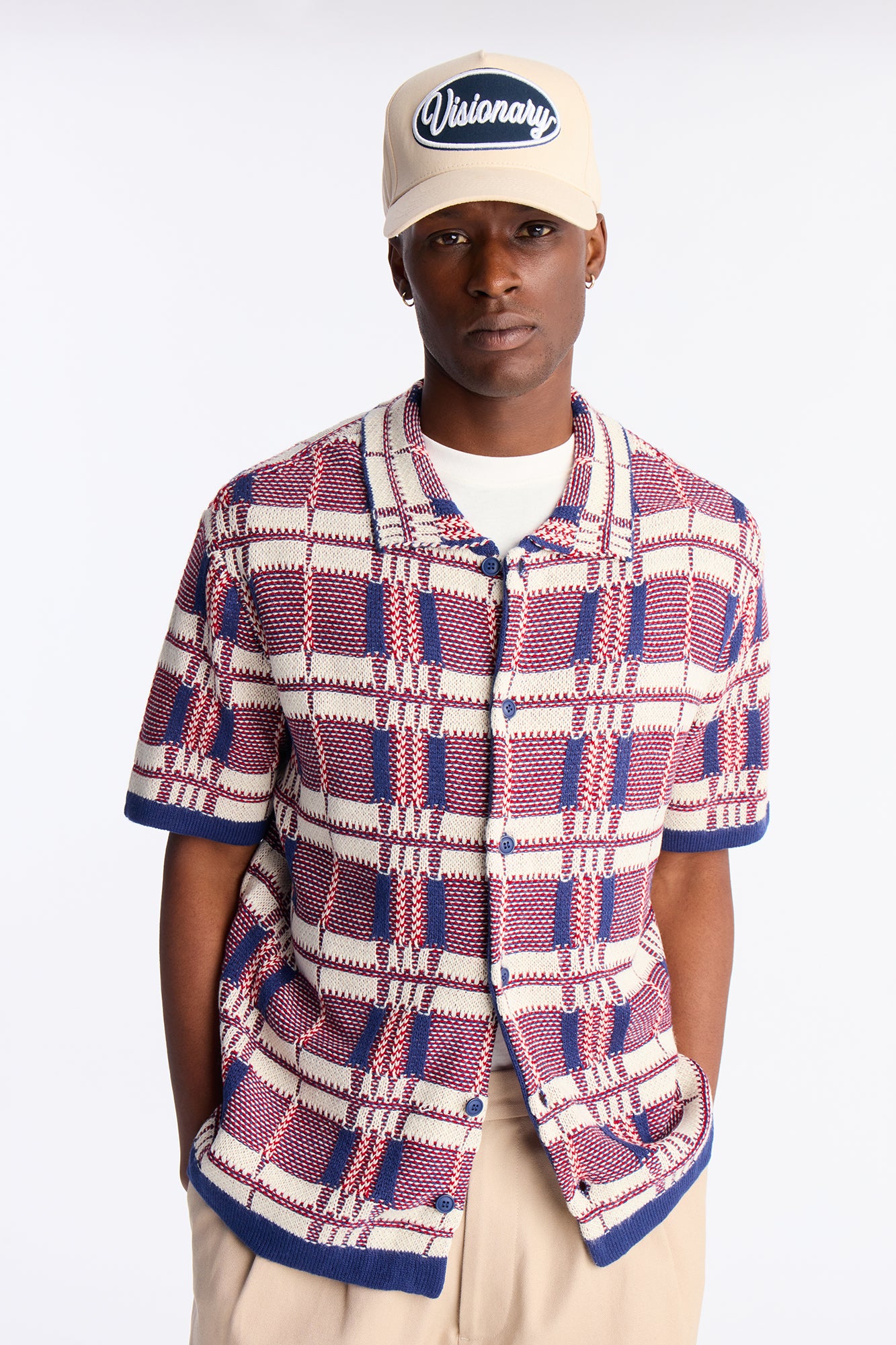 Crosshatch Closed Collar Button Up Shirt - Red