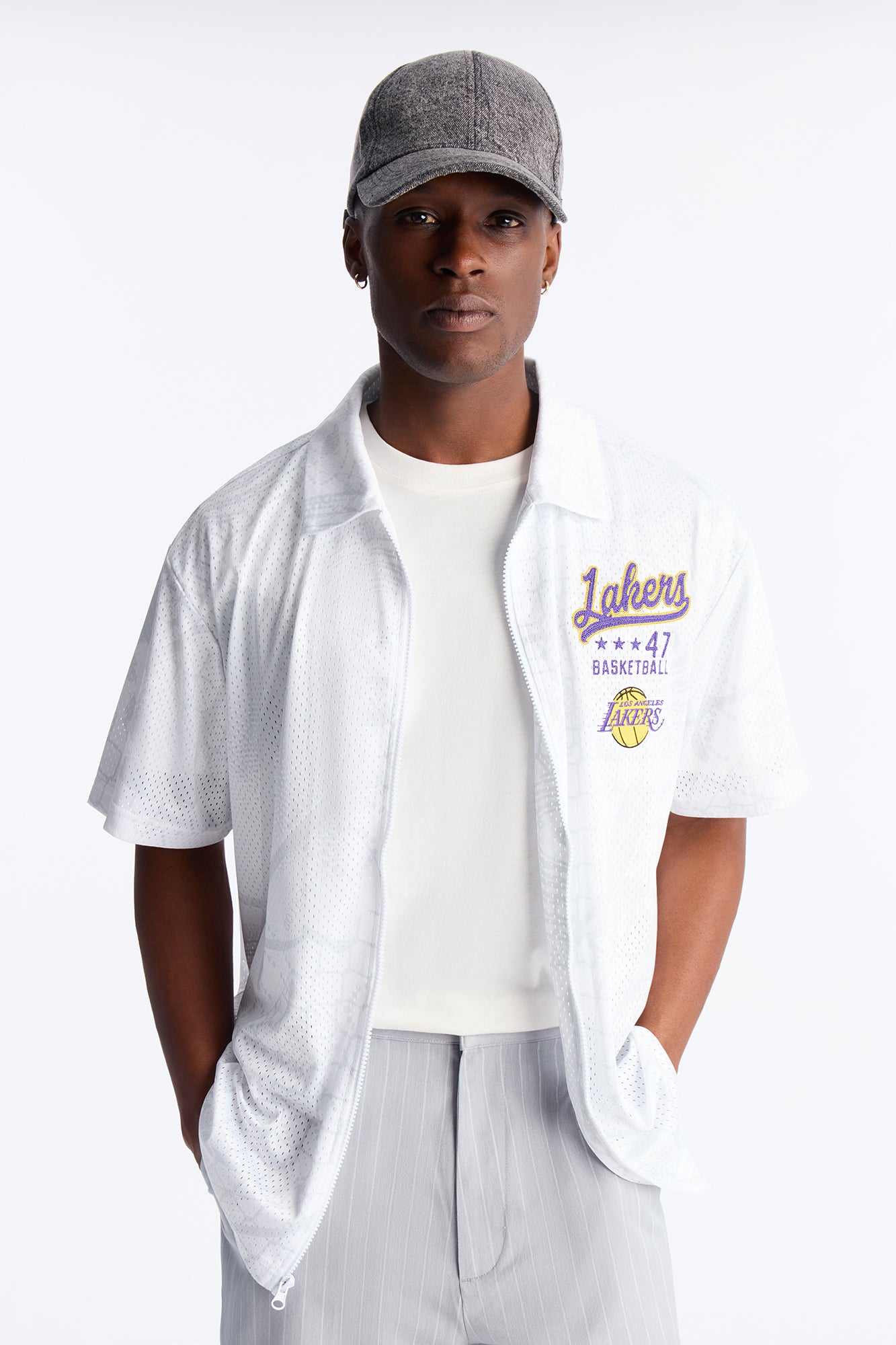 Lakers Rim Rocker Zip Up Mesh Top - White