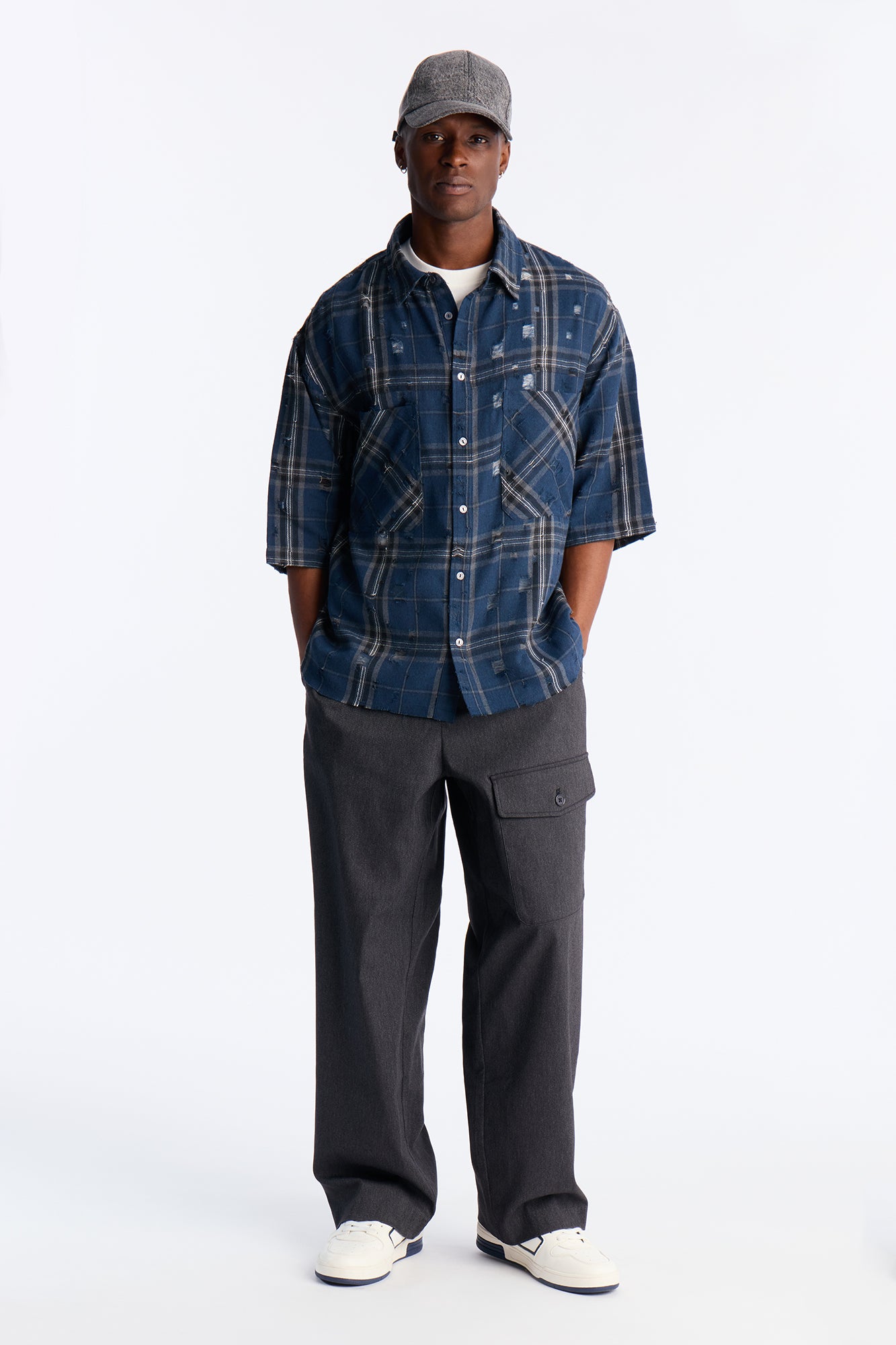 Cropped Deconstructed Hem Short Sleeve Flannel Button Up - Blue