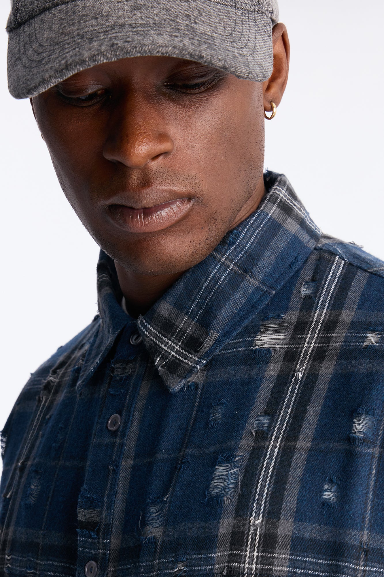 Cropped Deconstructed Hem Short Sleeve Flannel Button Up - Blue