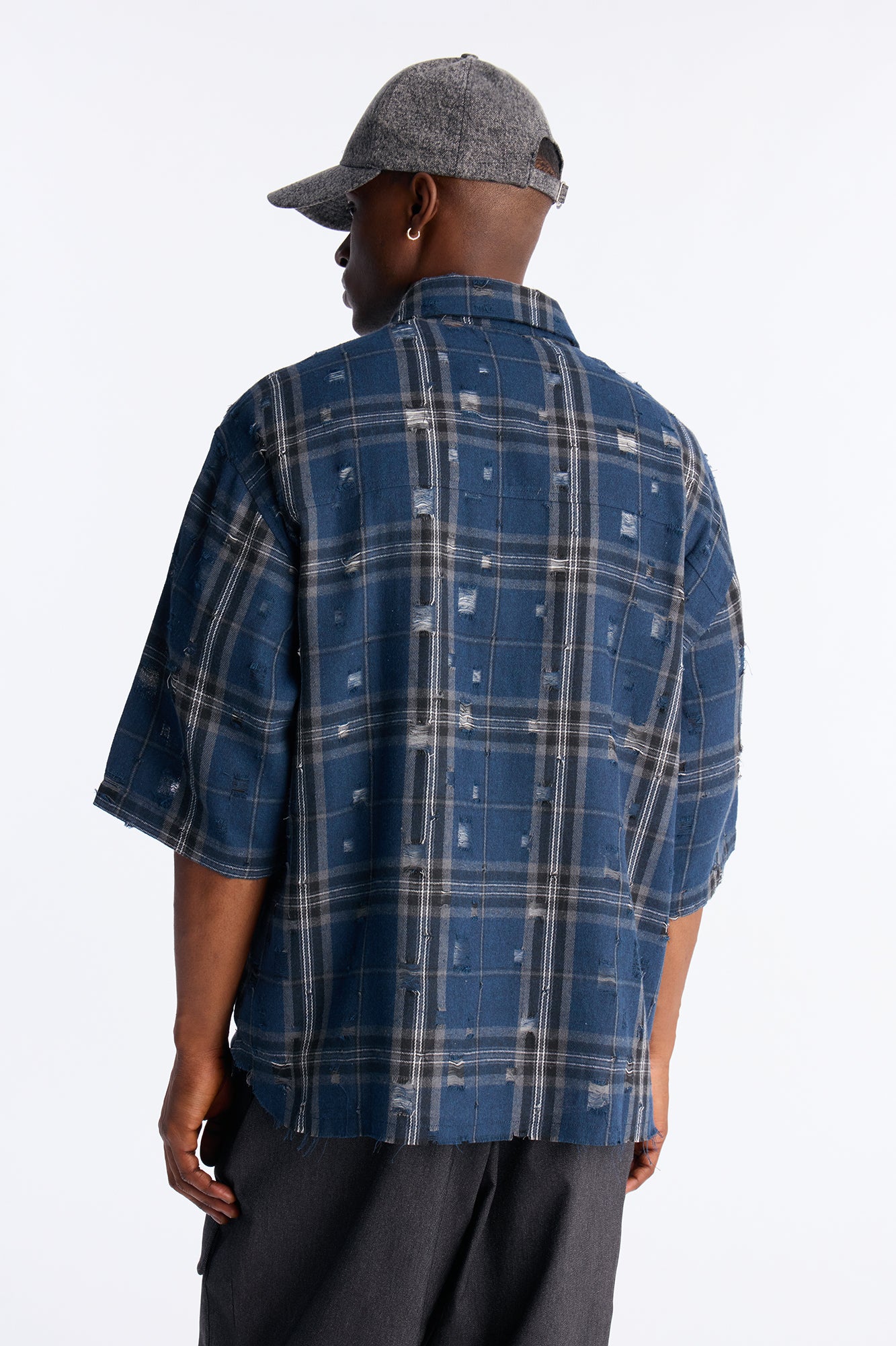 Cropped Deconstructed Hem Short Sleeve Flannel Button Up - Blue