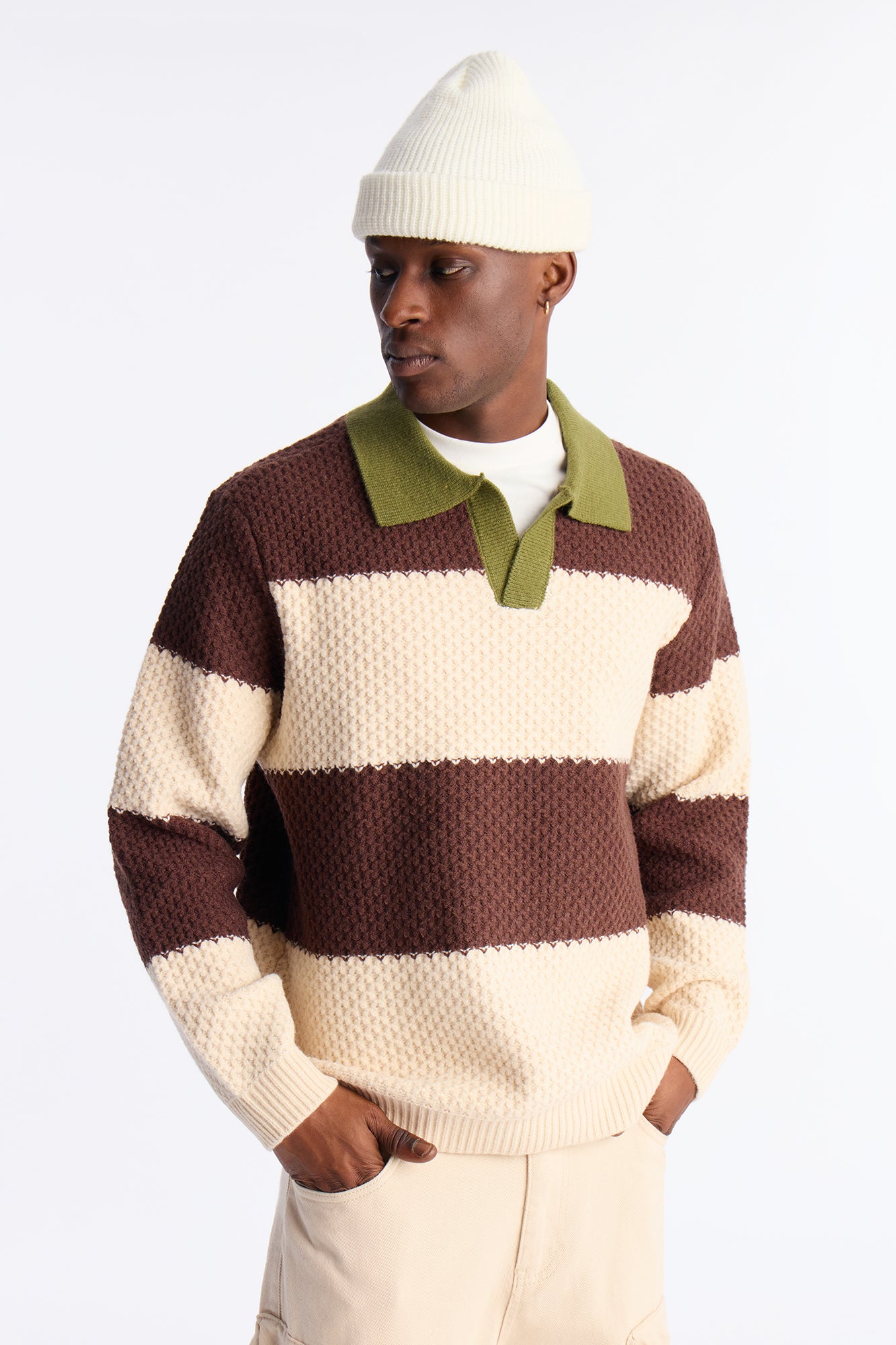 Chunky Striped Polo Sweater - Brown