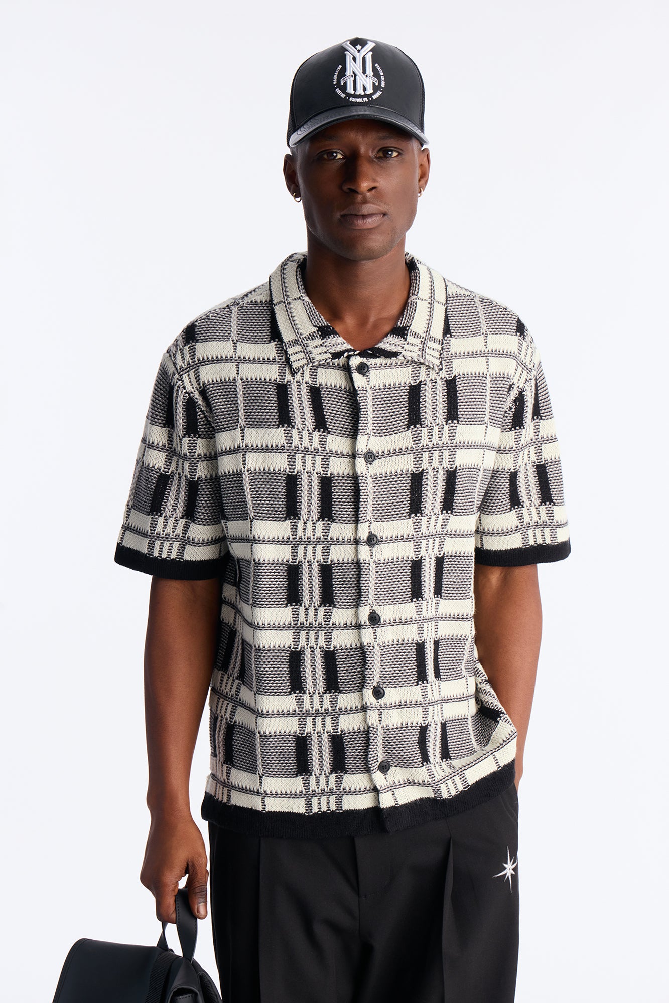 Crosshatch Closed Collar Button Up Shirt - Black
