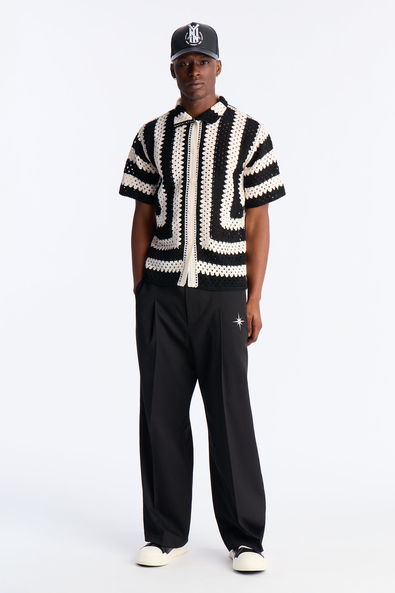 Left Turns Crochet Button Up Shirt - Black