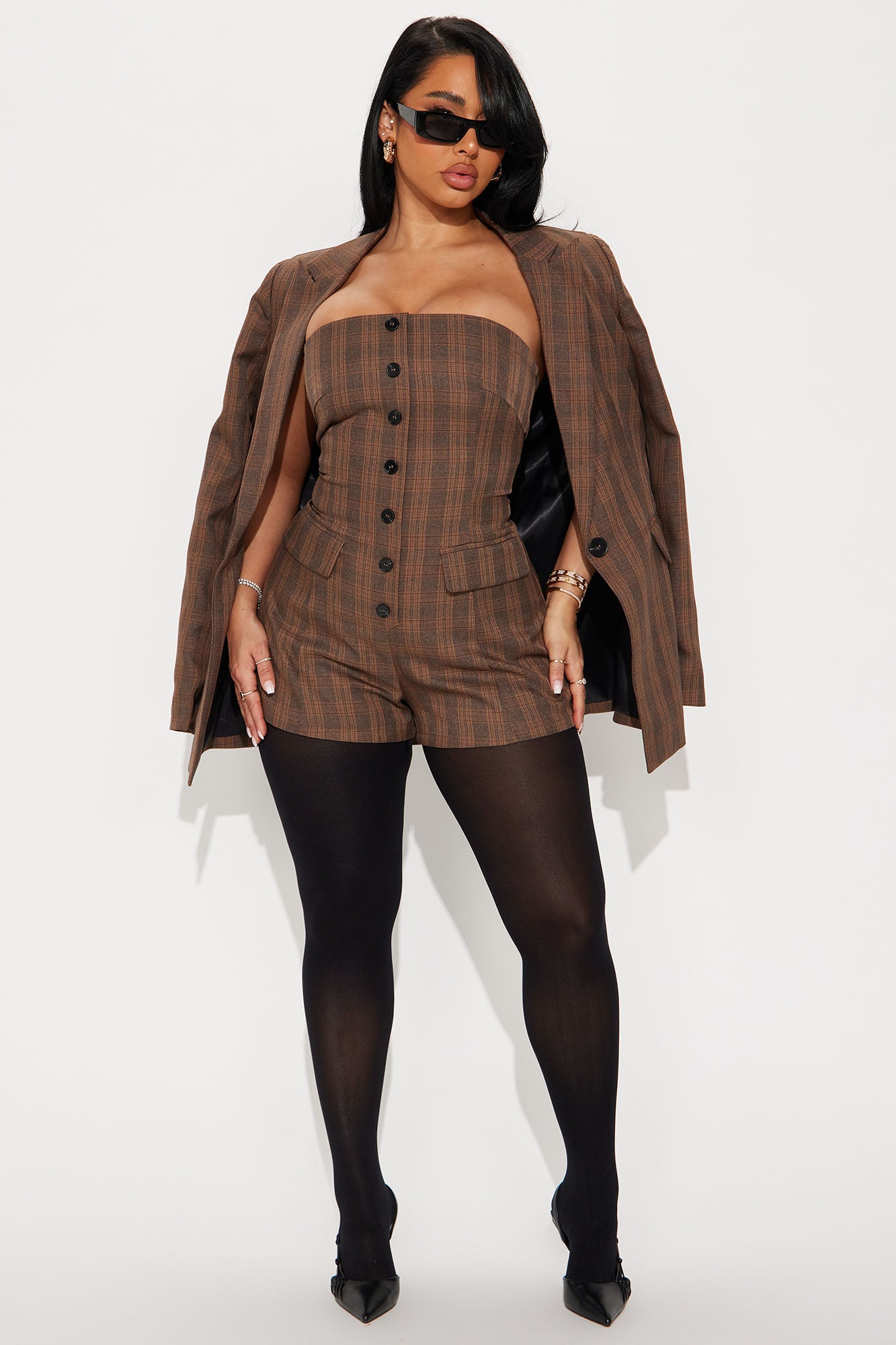 Check The Fax Blazer Romper Set - Brown/combo