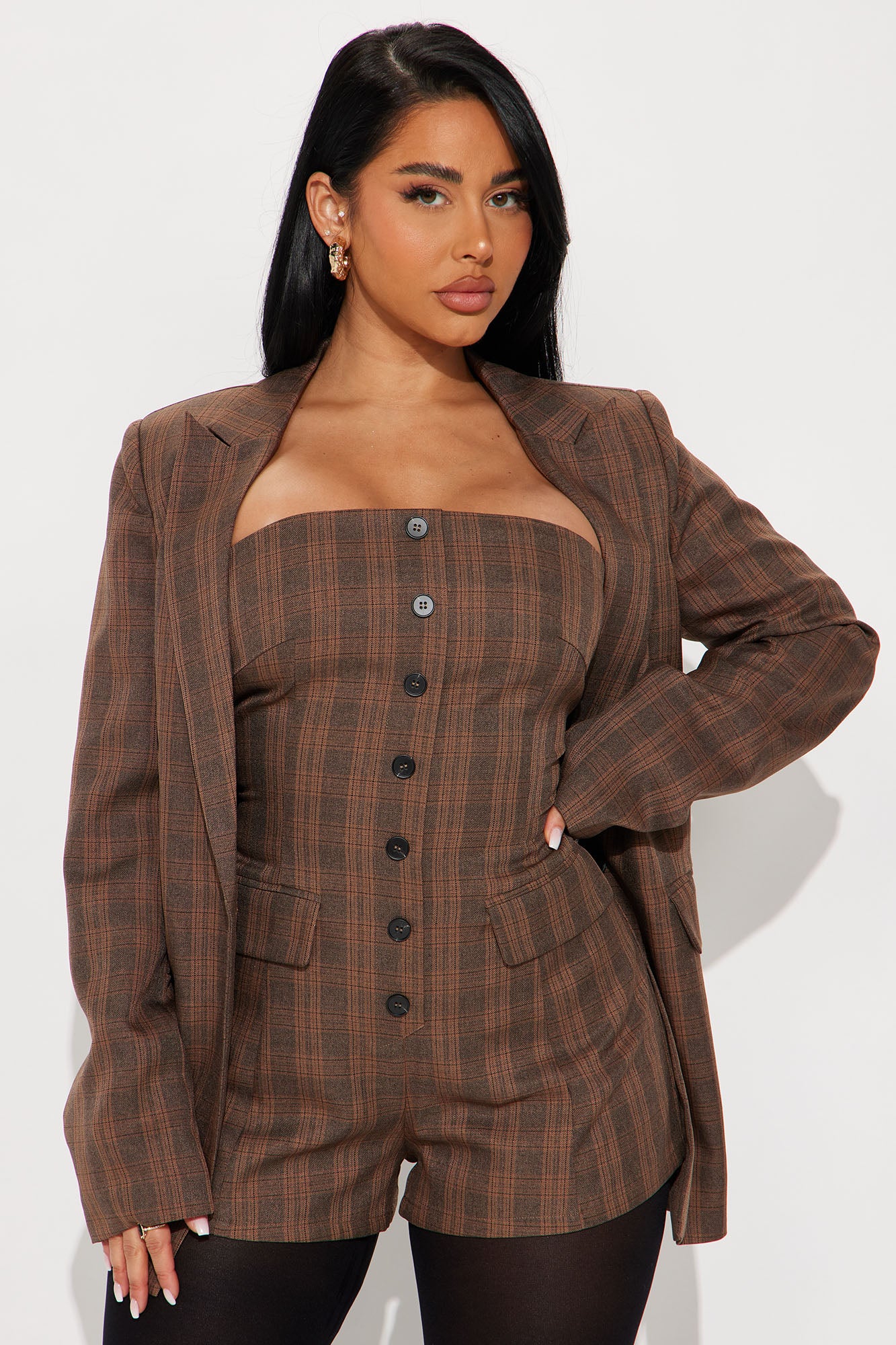 Check The Fax Blazer Romper Set - Brown/combo