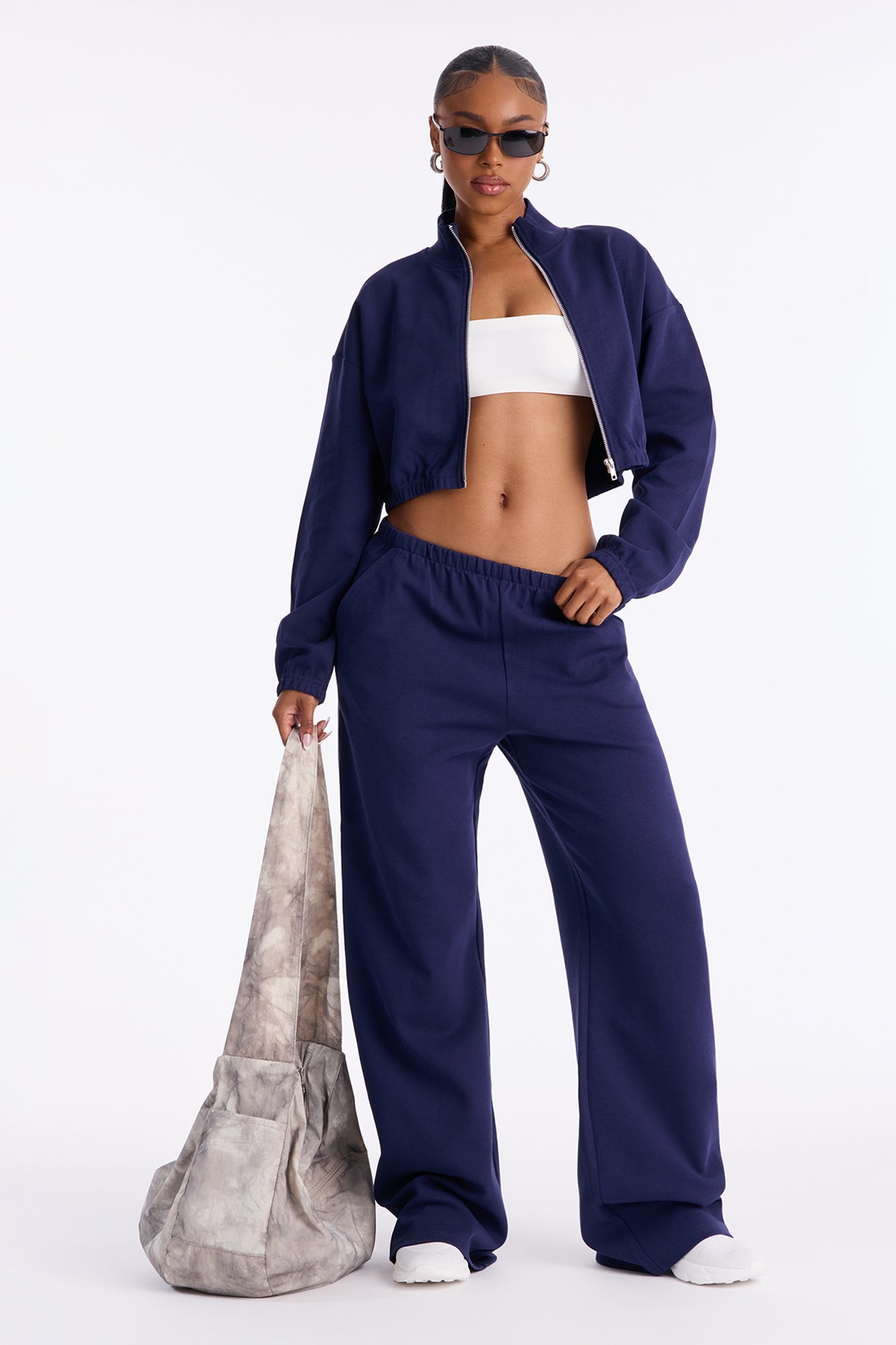 Audrina Funnel Neck Cropped Bomber Pant Set - Navy