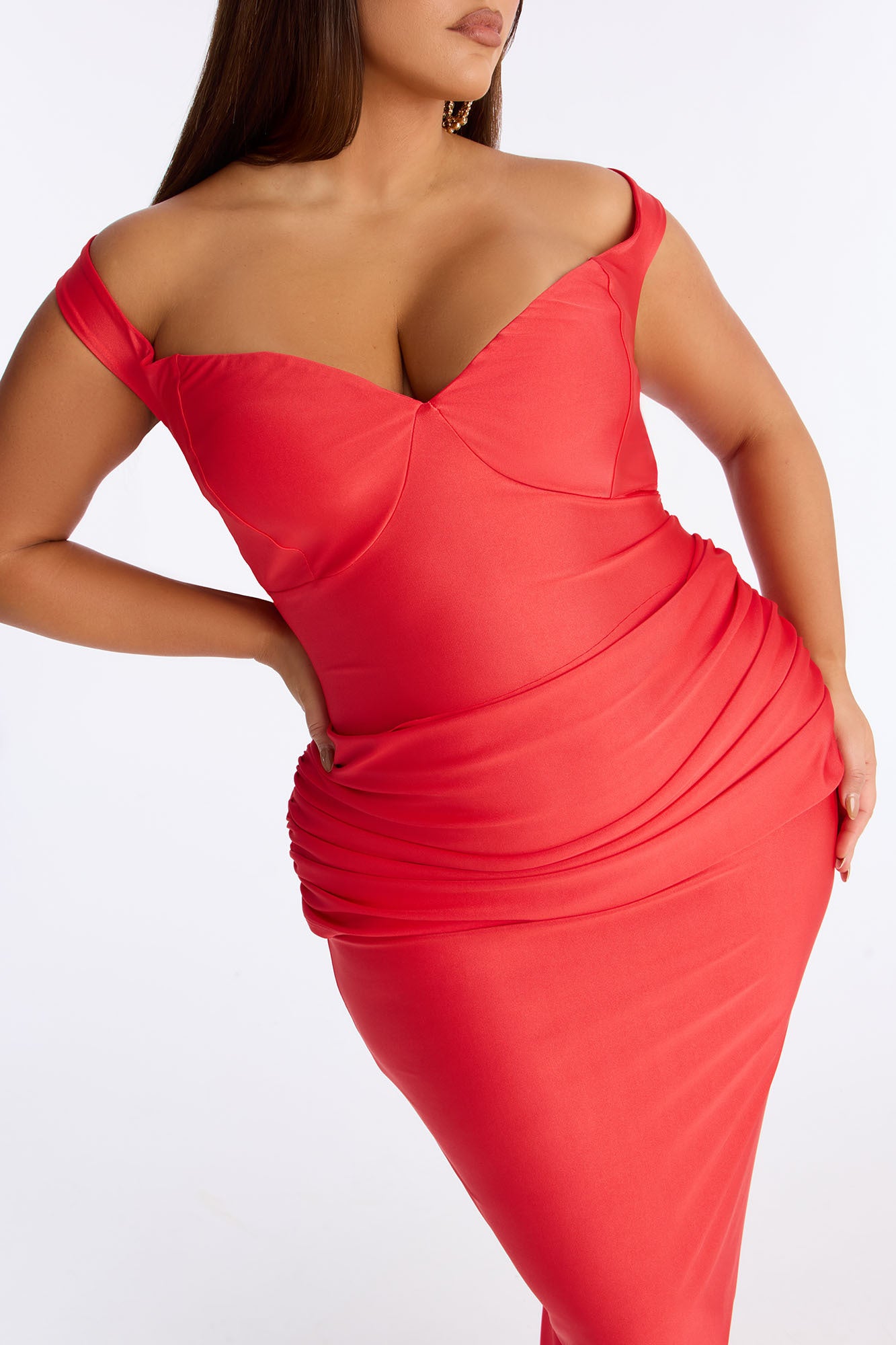 Amelya Off Shoulder Tricot Gown - Tomato Red