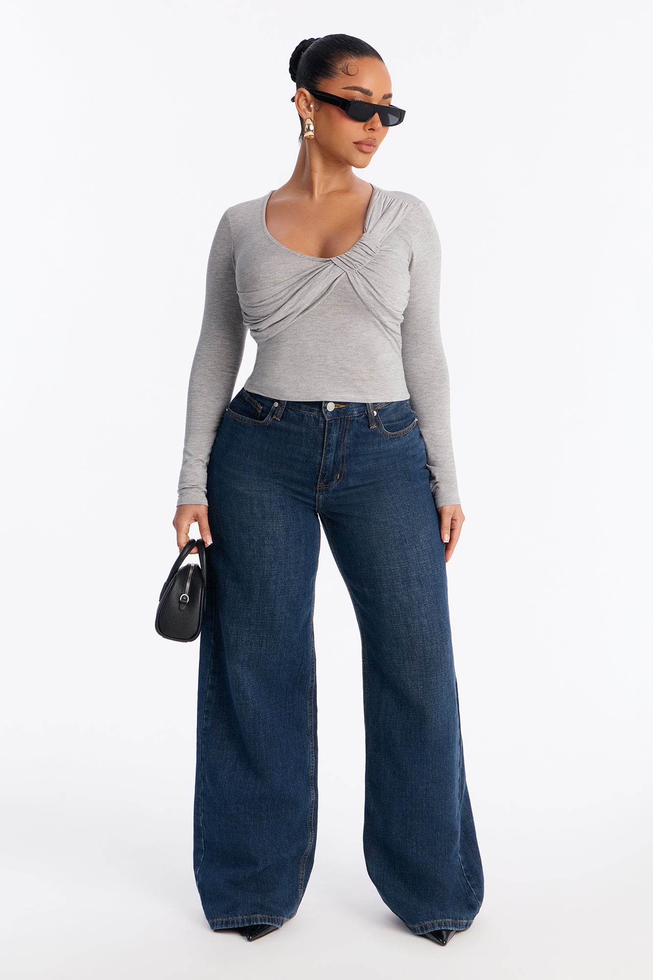 Sasha Ruched V Neck Long Sleeve - Heather Grey
