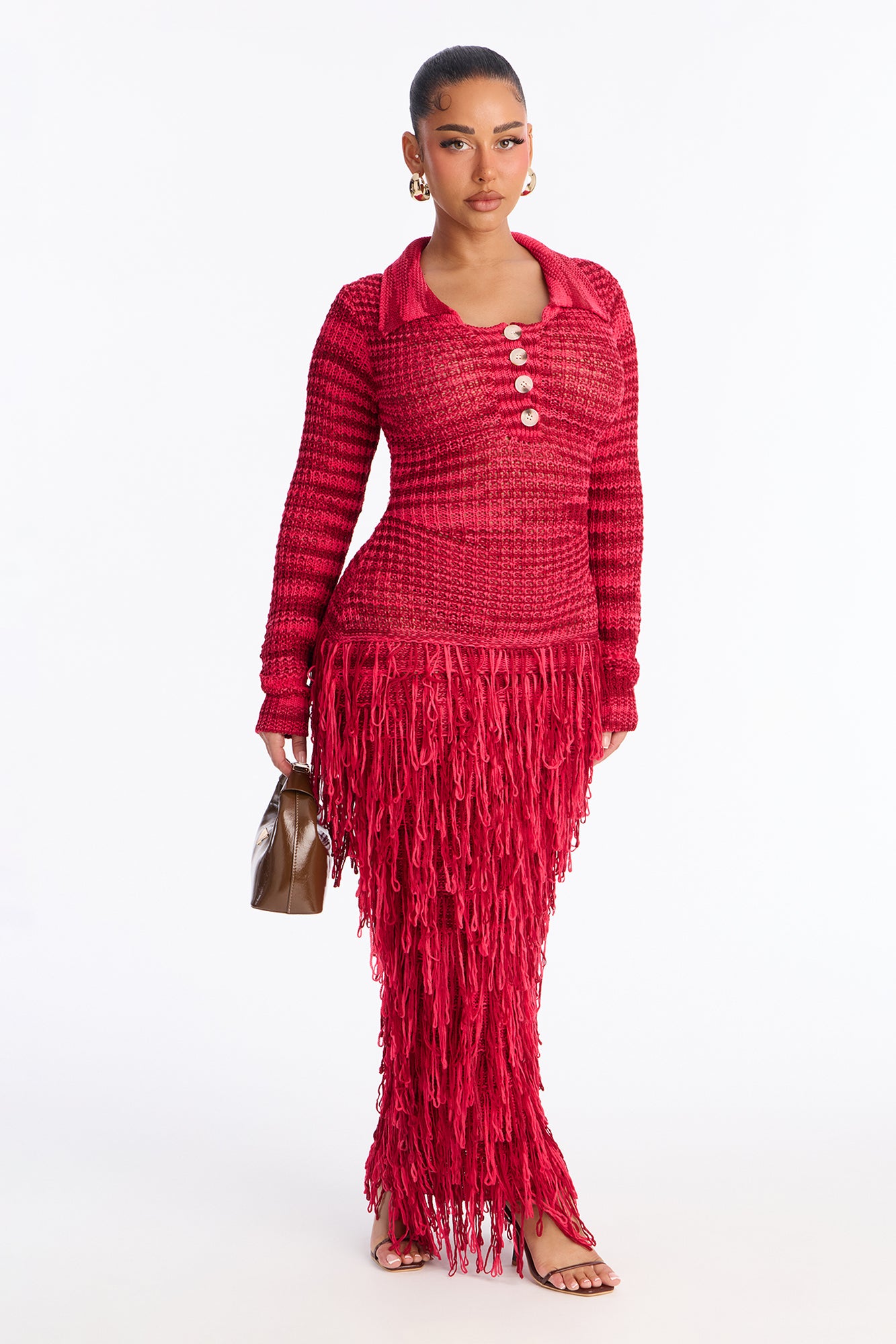 Amaya Striped Fringe Sweater Maxi Dress - Red