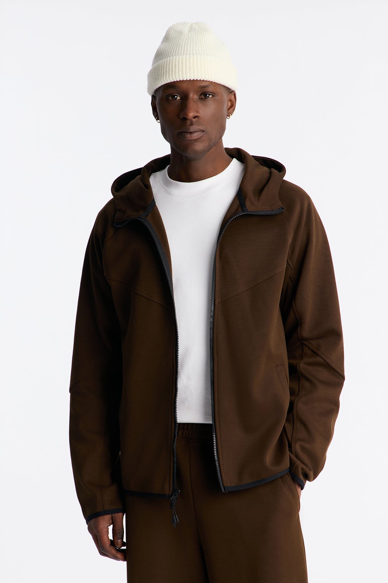 Structured Paneled Fleece Zip Up Hoodie  - Chocolate
