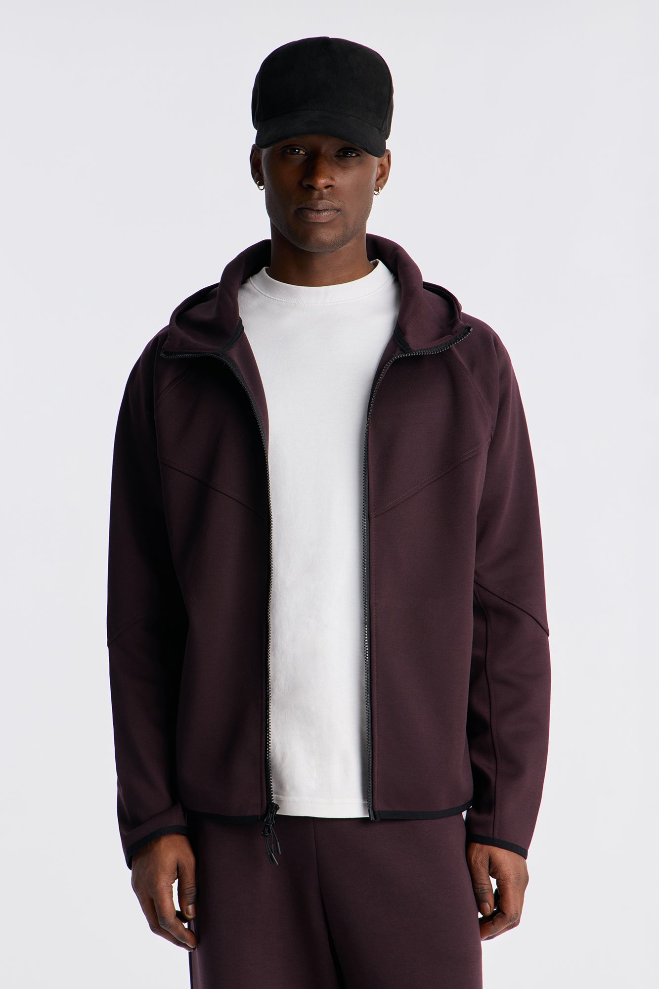 Structured Paneled Fleece Zip Up Hoodie  - Plum