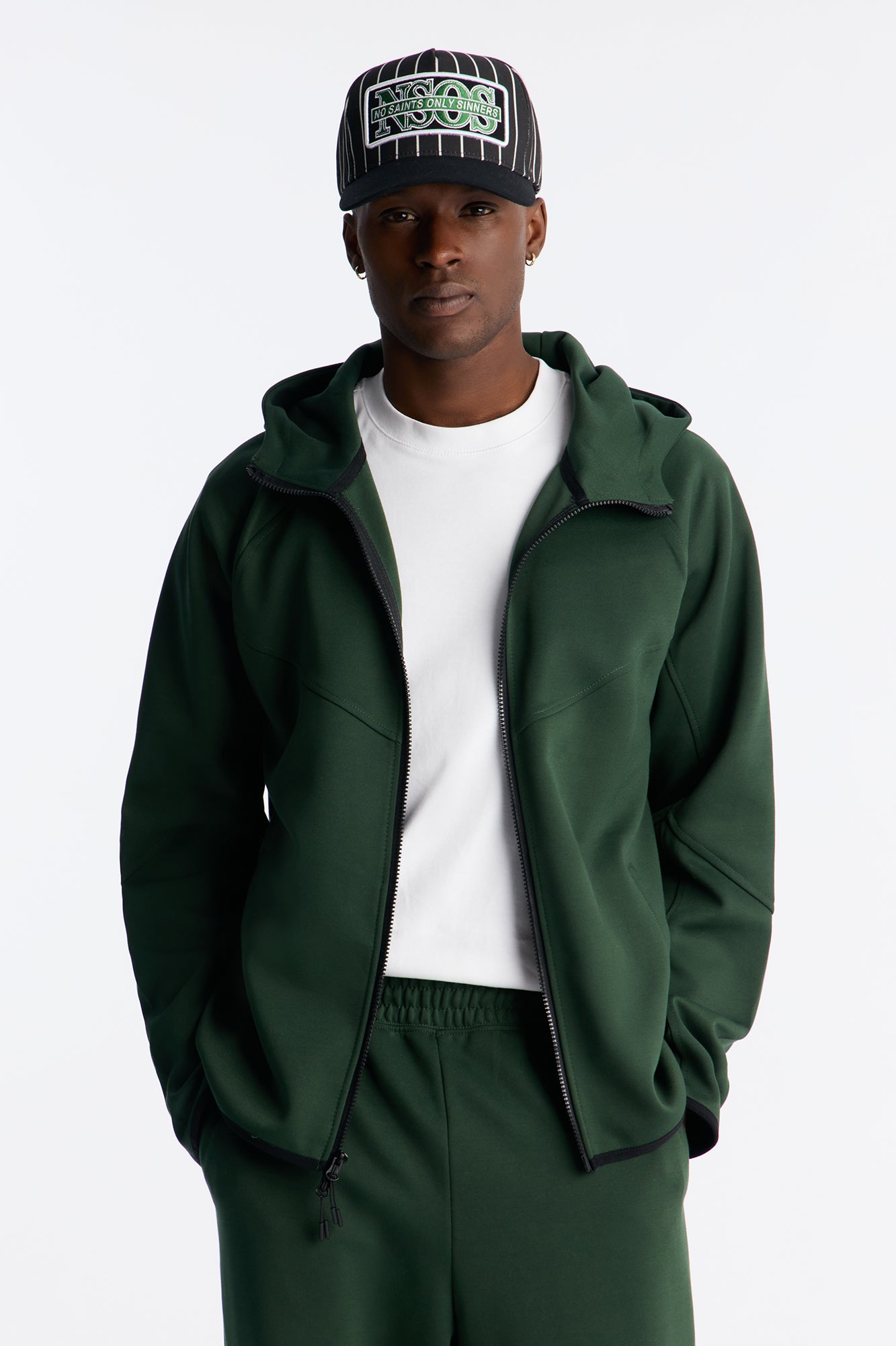 Structured Paneled Fleece Zip Up Hoodie  - Green