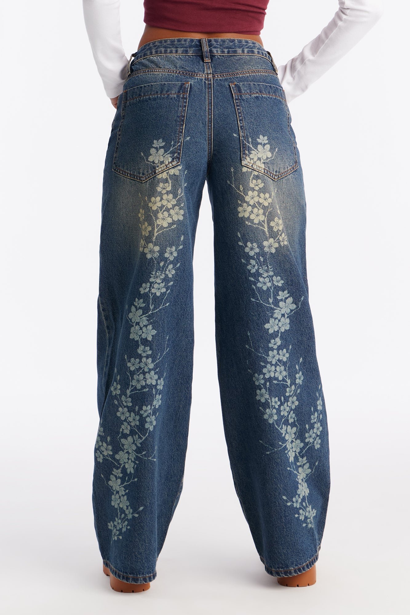 Cherry Blossom Printed Wide Leg Jeans - Dark Wash