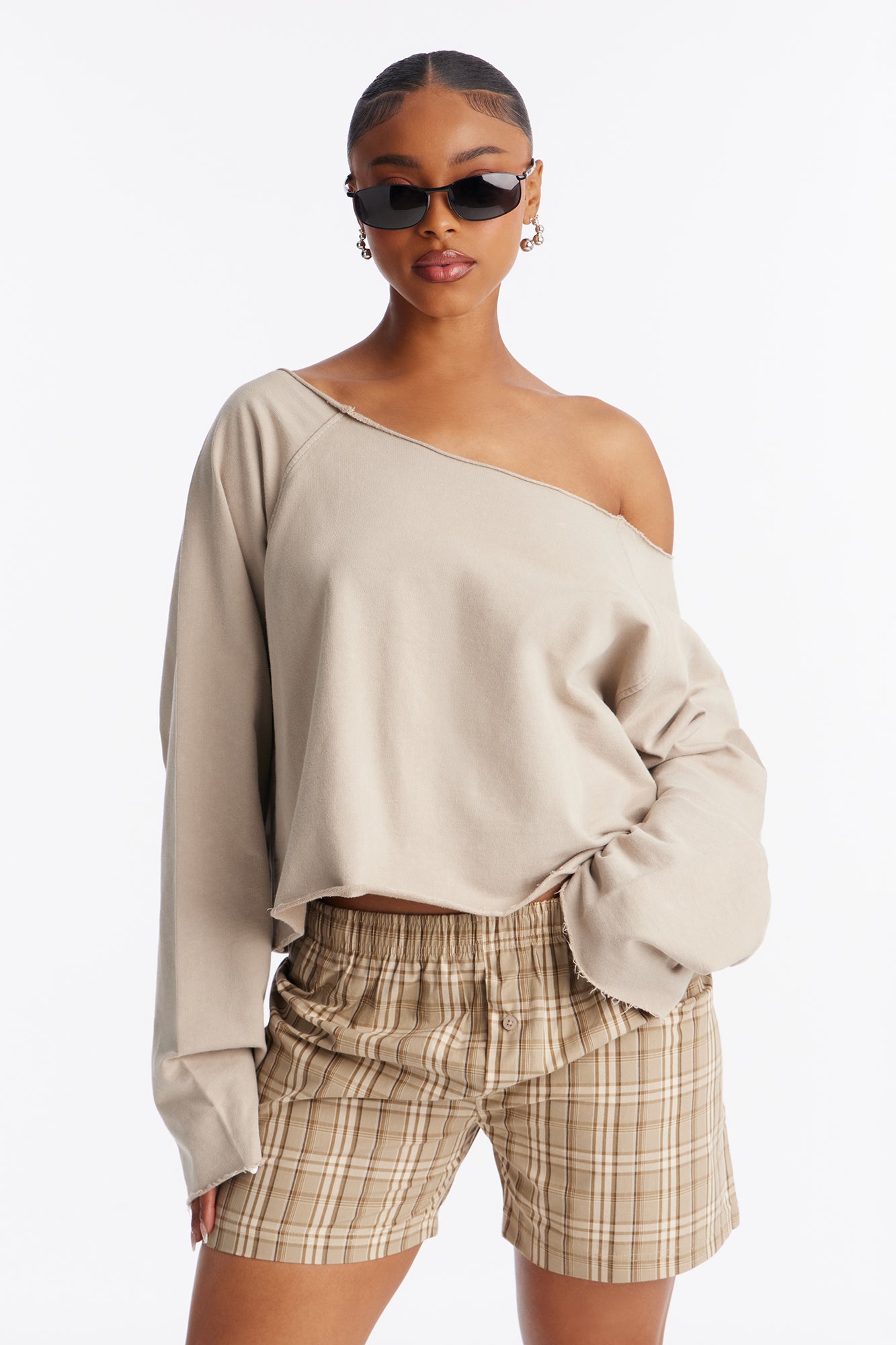 Keep It Cute Off Shoulder Sweatshirt - Stone