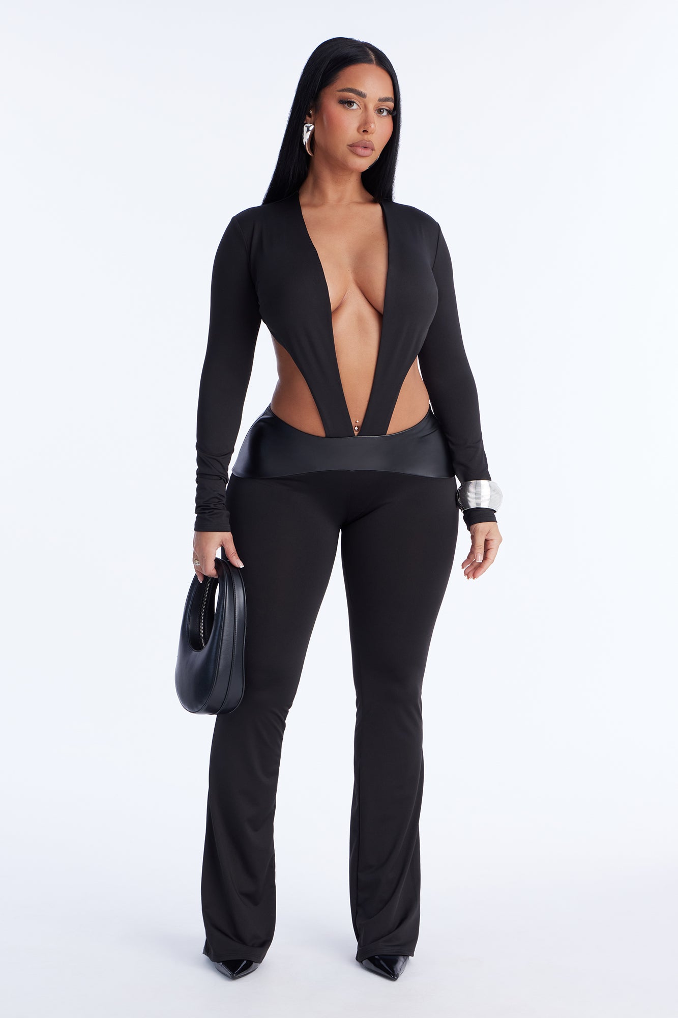 Karina Plunge Neck Backless Jumpsuit - Black