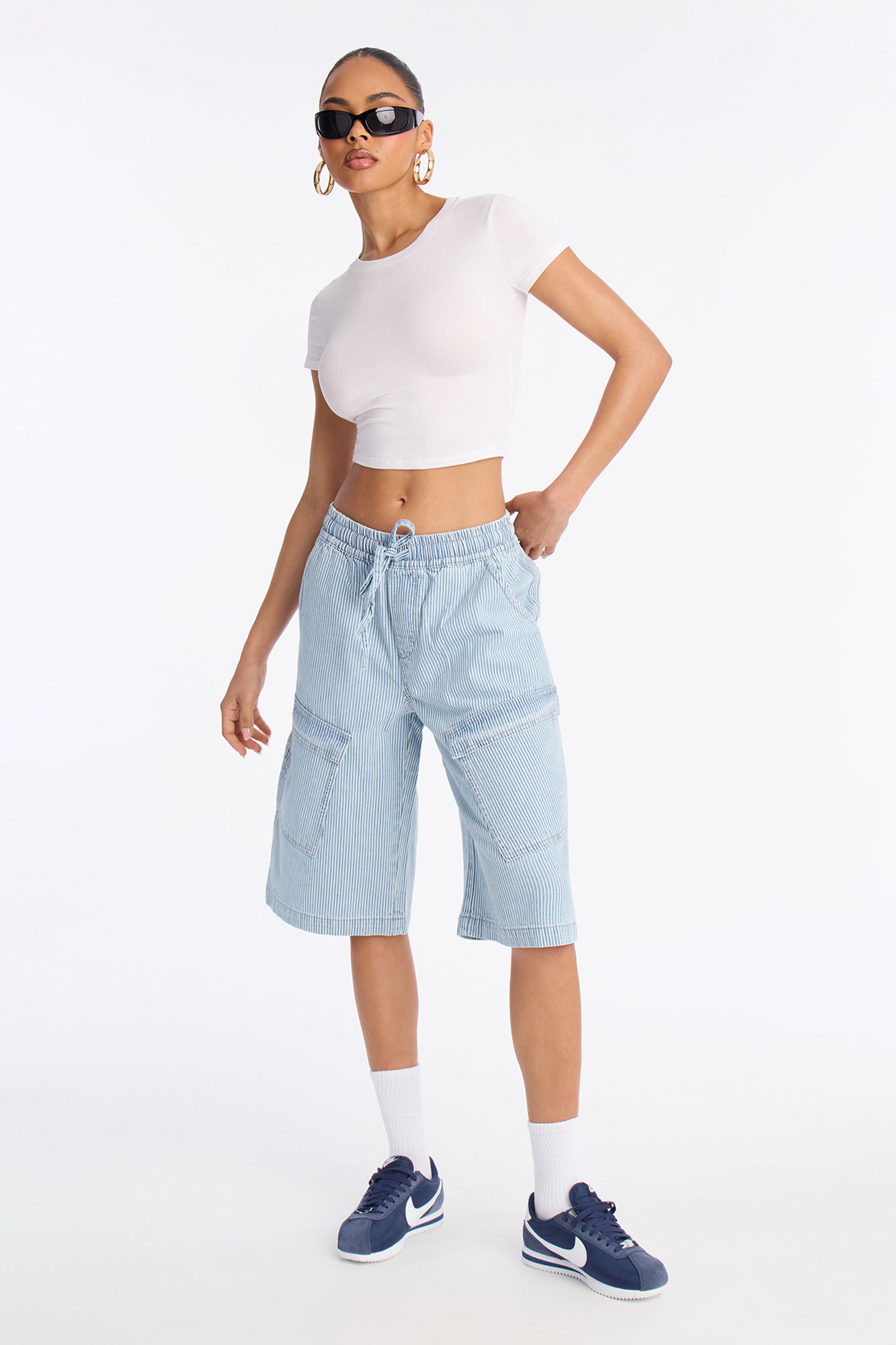 Seawalk Striped Pull On Cargo Denim Jorts - Light Wash