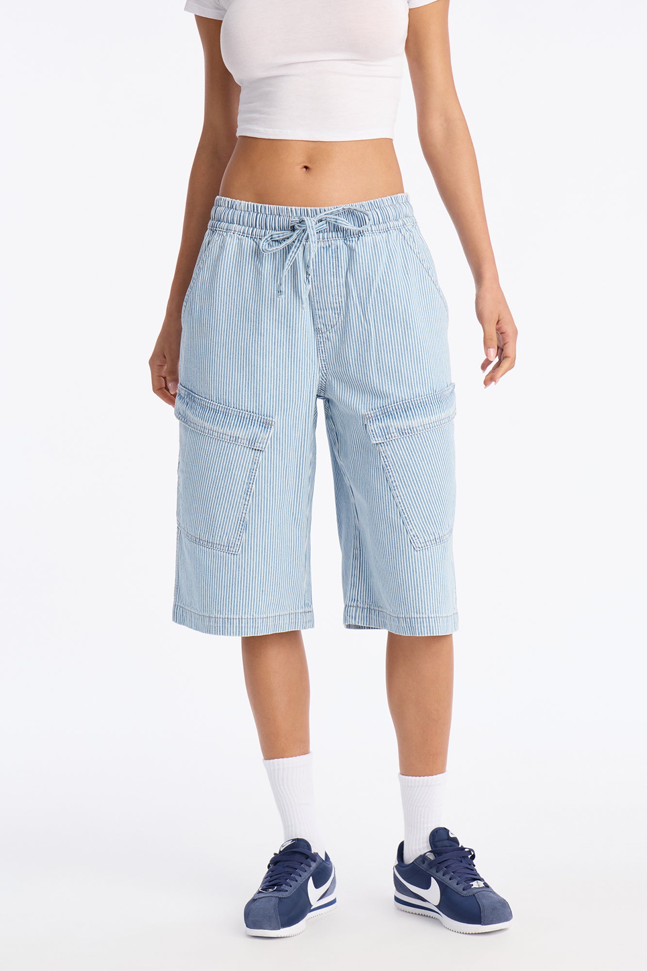 Seawalk Striped Pull On Cargo Denim Jorts - Light Wash