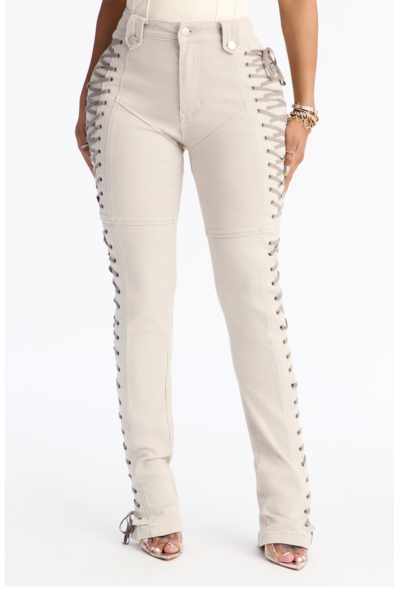 After Hours Lace Up Flare Pant - Stone