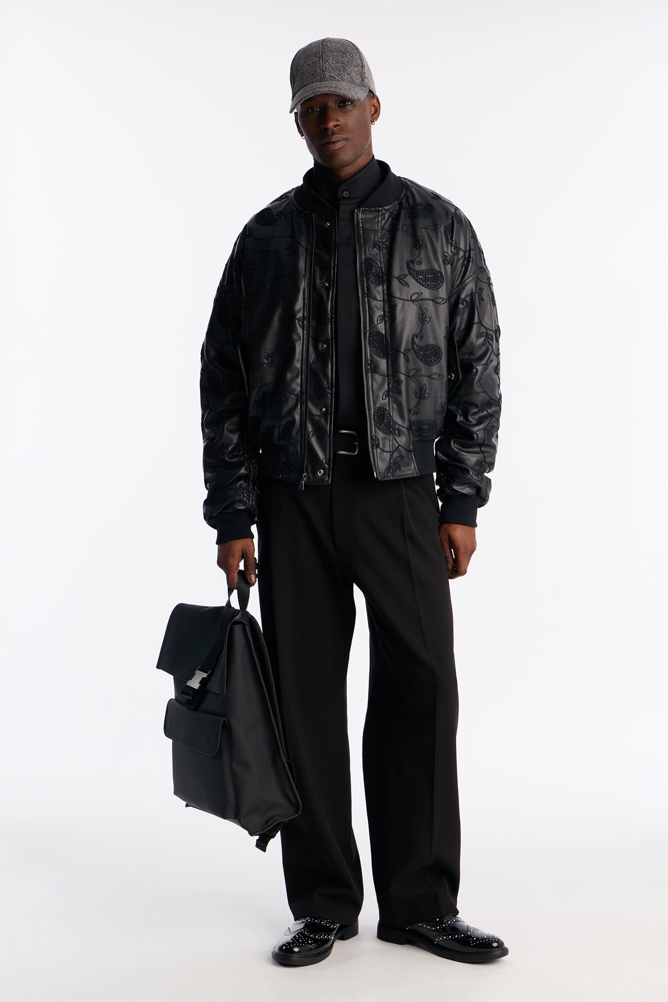 Oversized Faux Leather Paisley Embroidered Bomber Jacket - Black