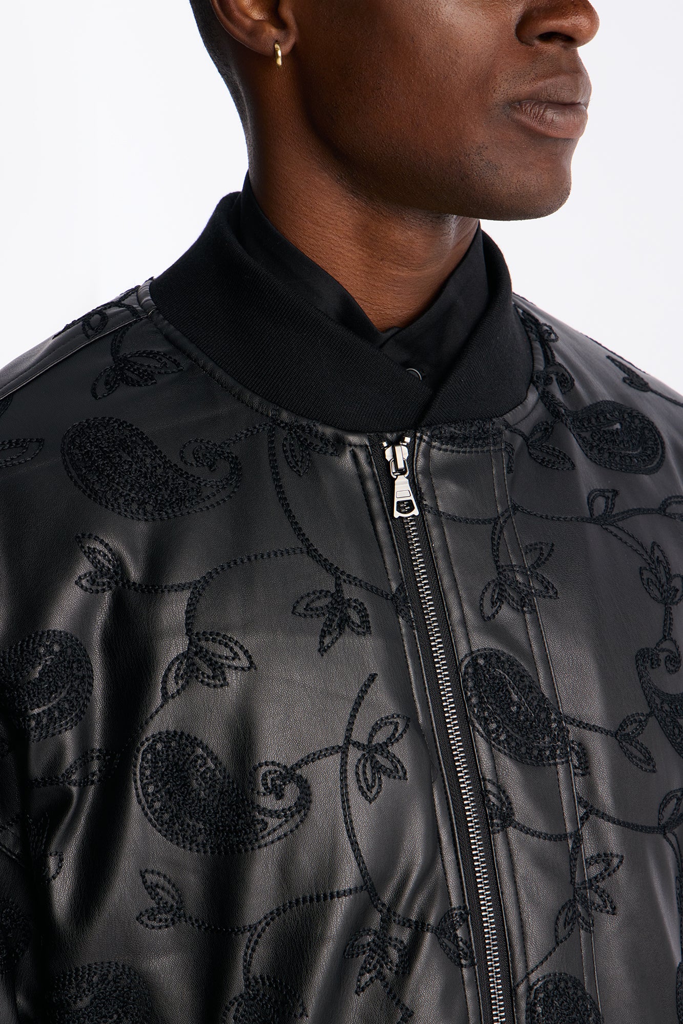 Oversized Faux Leather Paisley Embroidered Bomber Jacket - Black