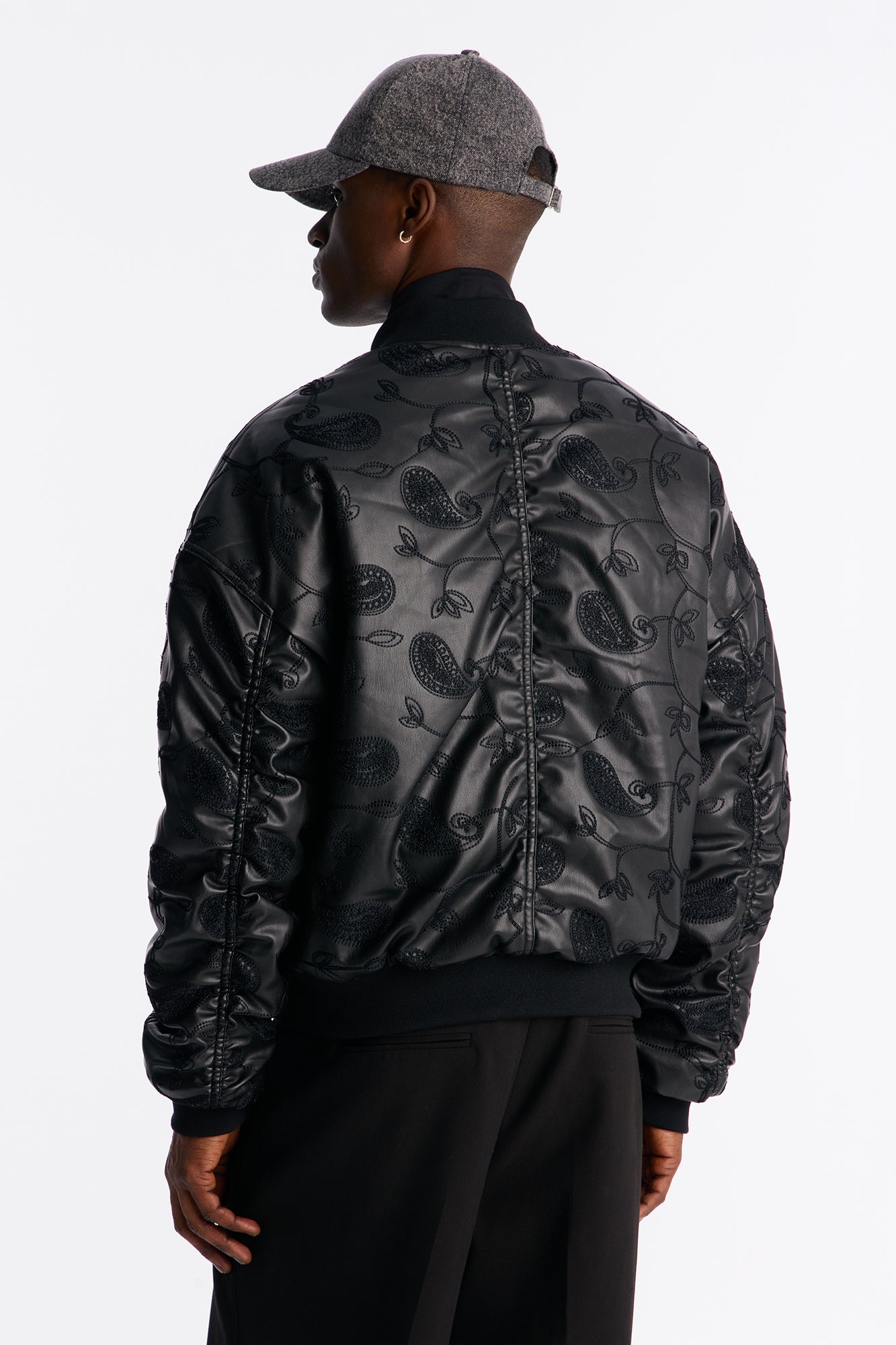 Oversized Faux Leather Paisley Embroidered Bomber Jacket - Black