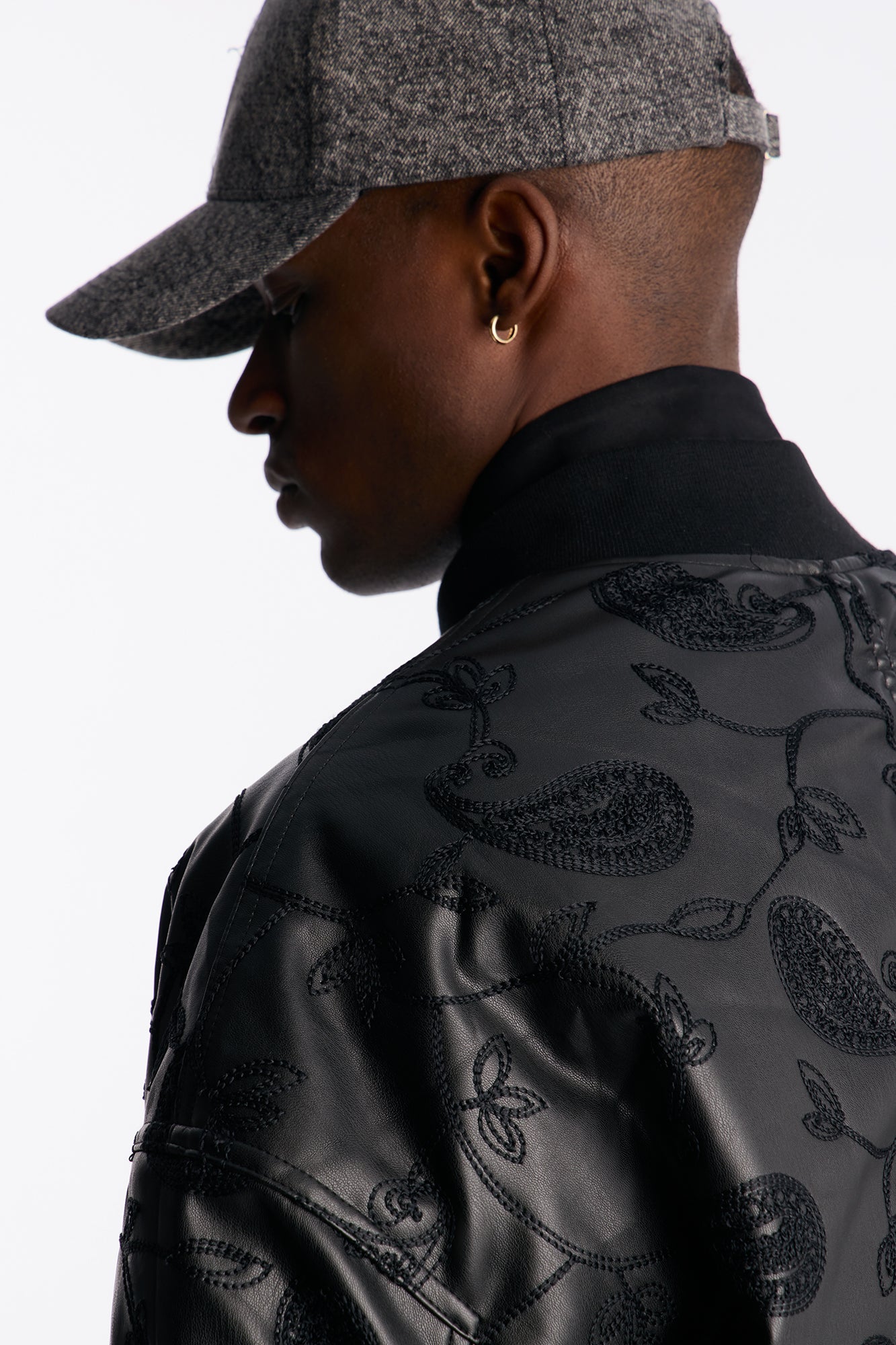 Oversized Faux Leather Paisley Embroidered Bomber Jacket - Black