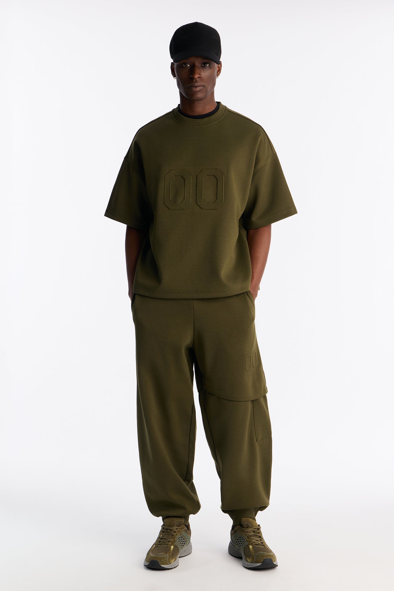 Structured Fleece Embossed Cargo Joggers - Olive