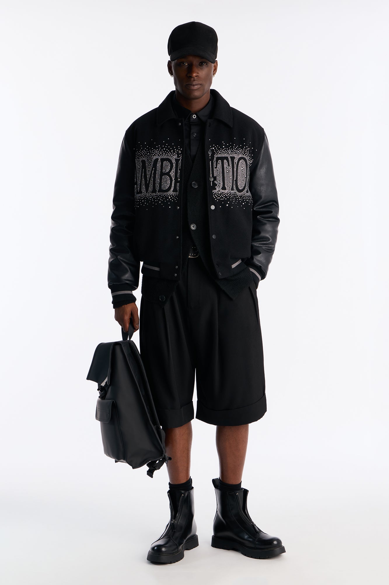 Ambition Crystal Collared Varsity Jacket - Black