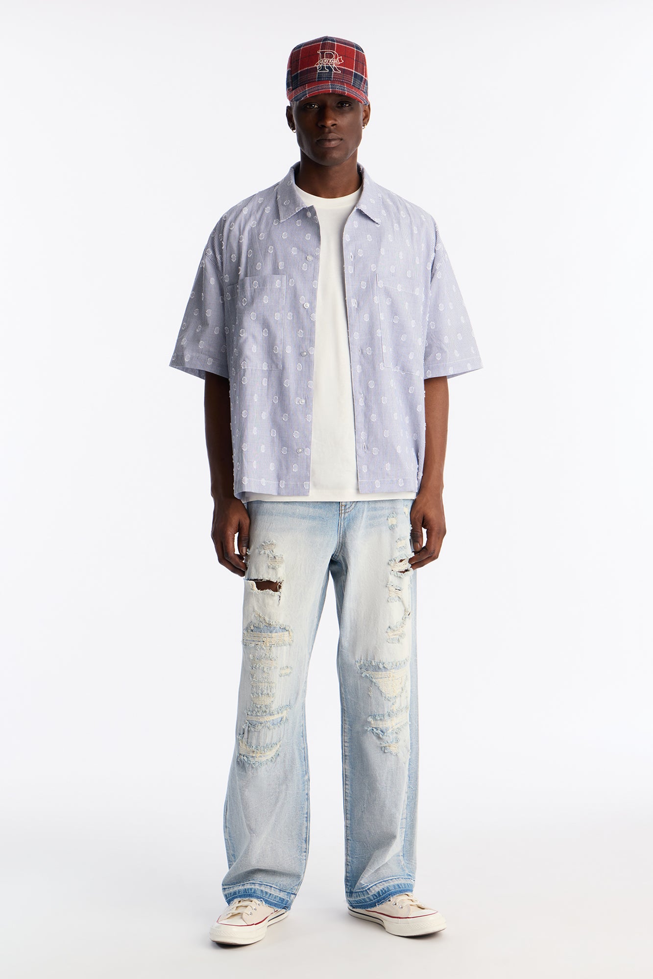 Boxy Static Oval Pinstripe Button Up Shirt - Blue