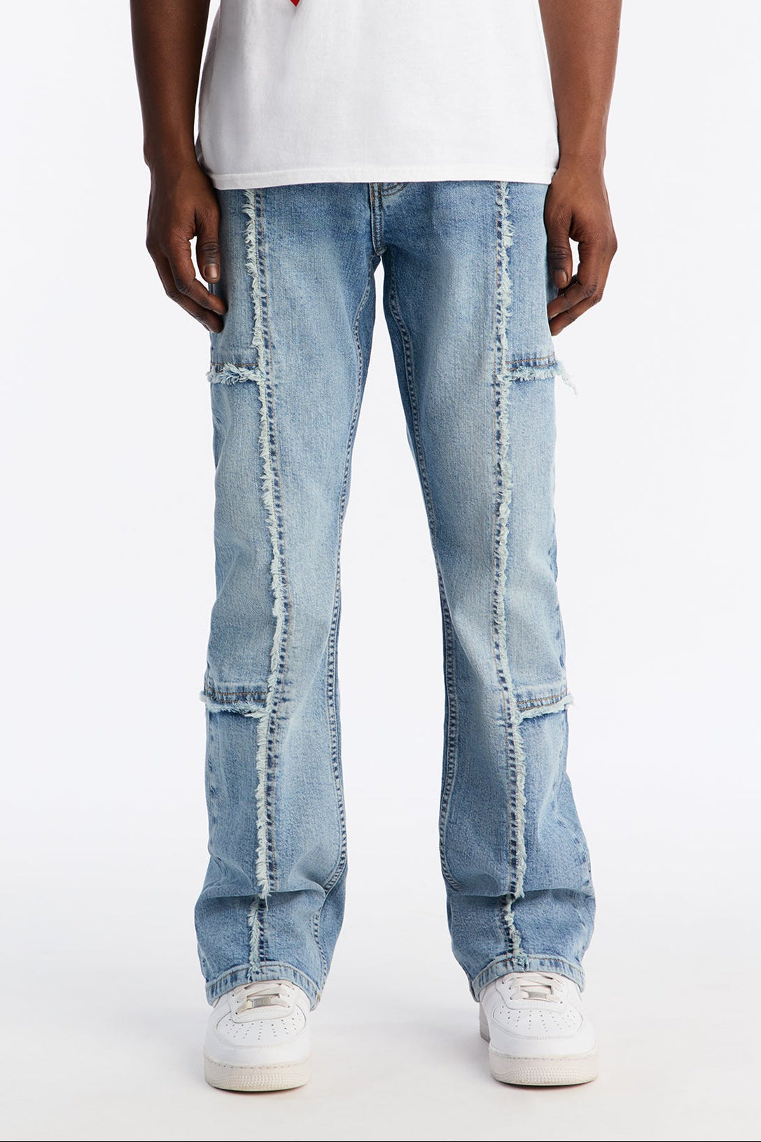 Stacked Skinny Flare Frayed Along Panel Jean - Medium Blue Wash