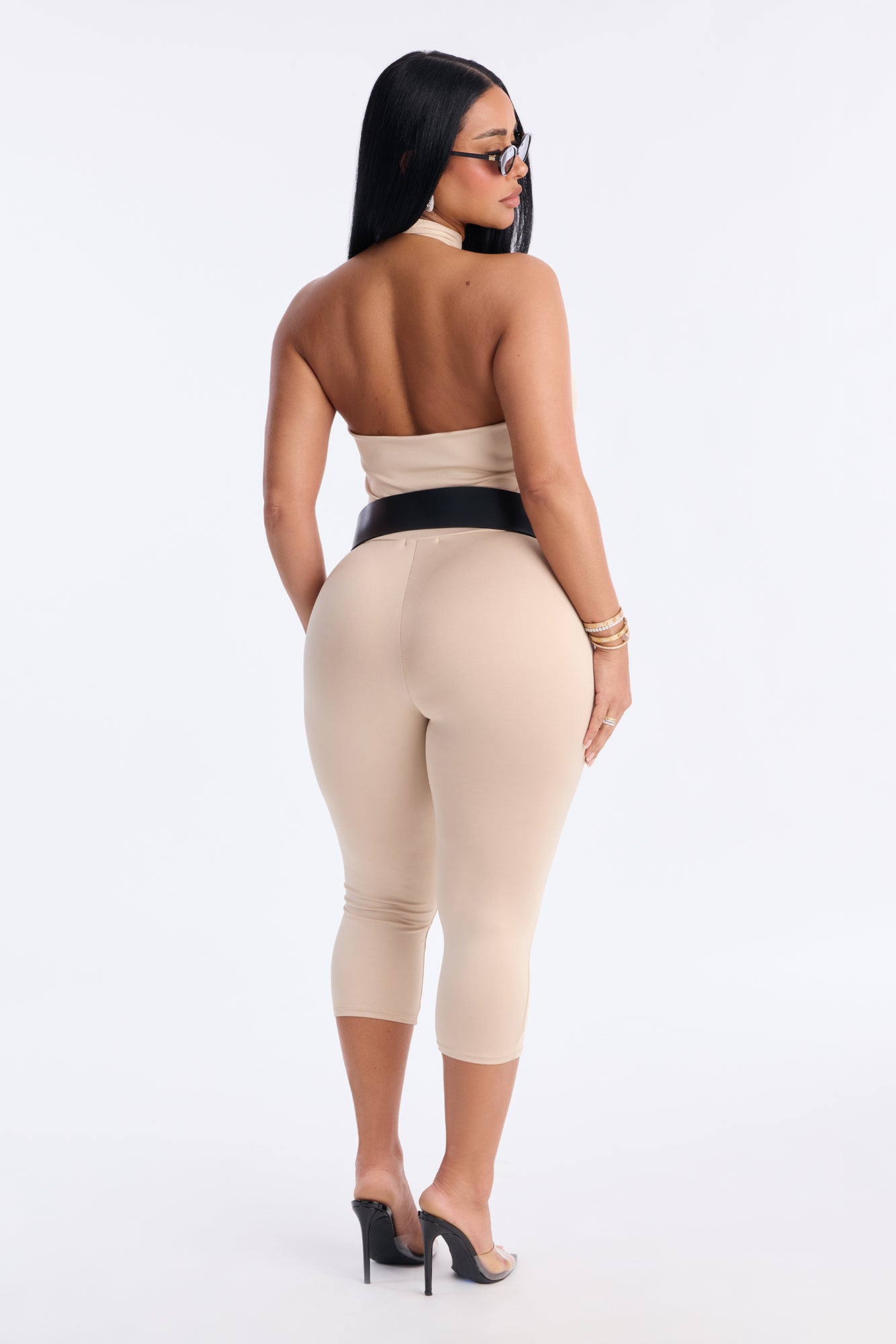 Marla Backless Belted Capri Catsuit - Nude