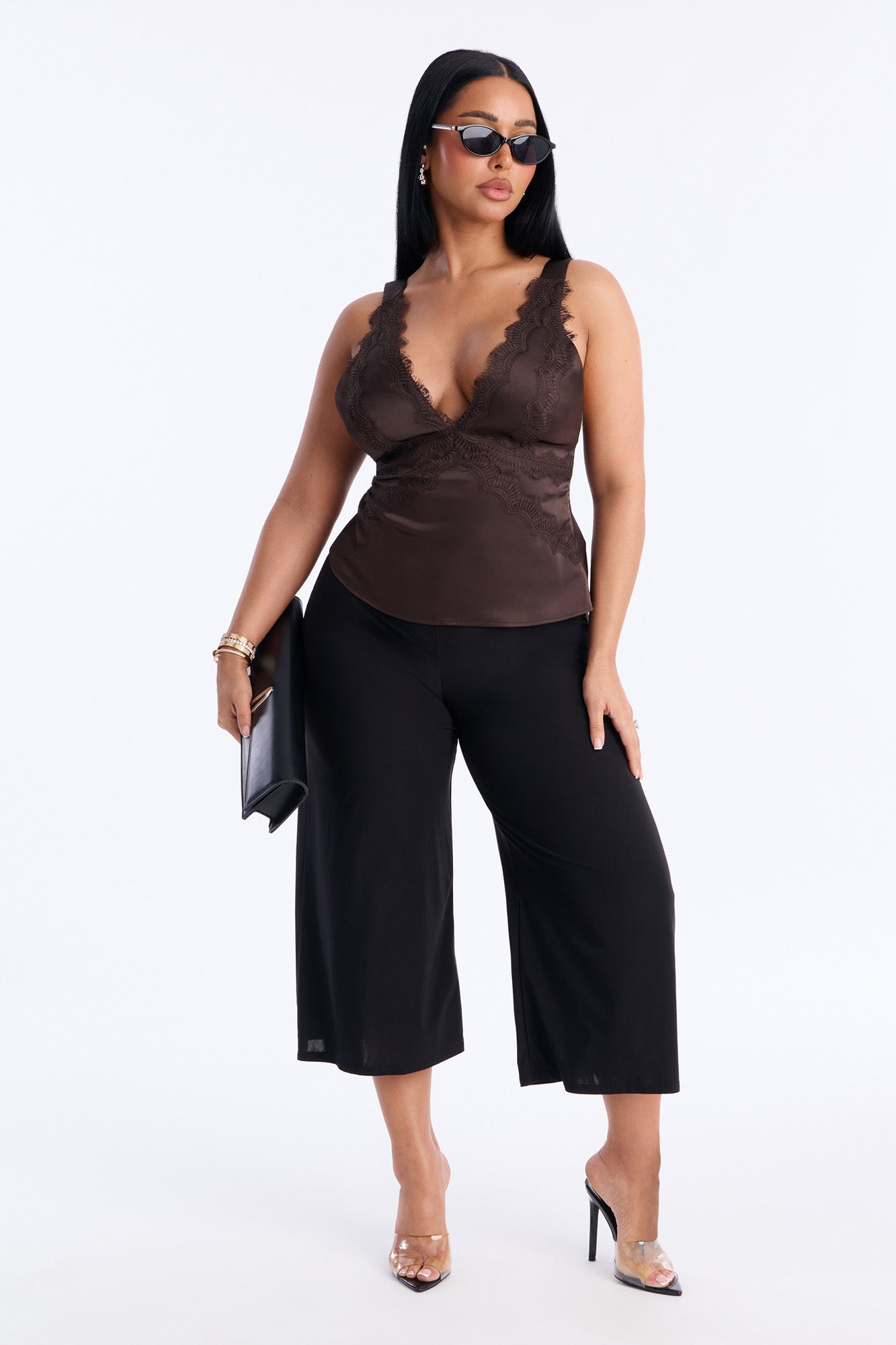 Show Me Better Lace Trim Satin Top - Chocolate
