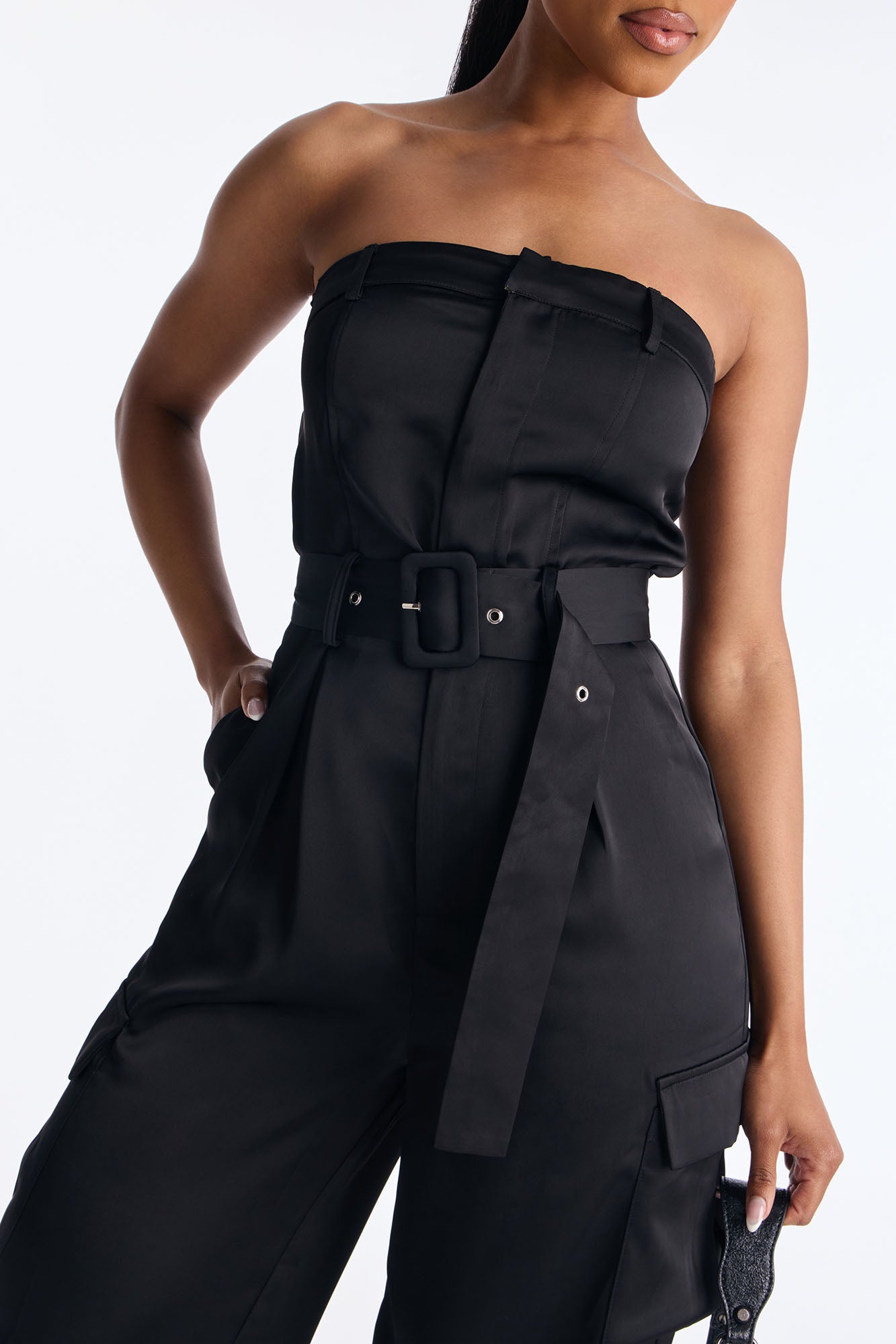 Kalani Satin Cargo Belted Jumpsuit - Black