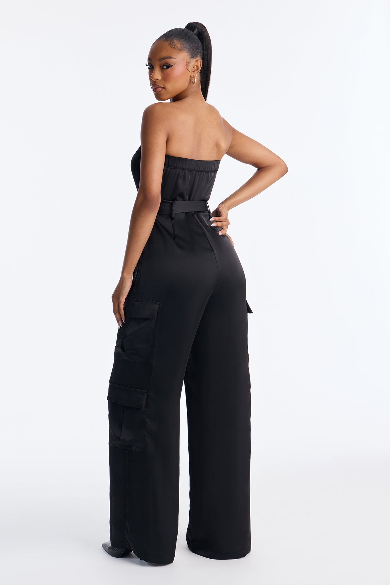 Kalani Satin Cargo Belted Jumpsuit - Black