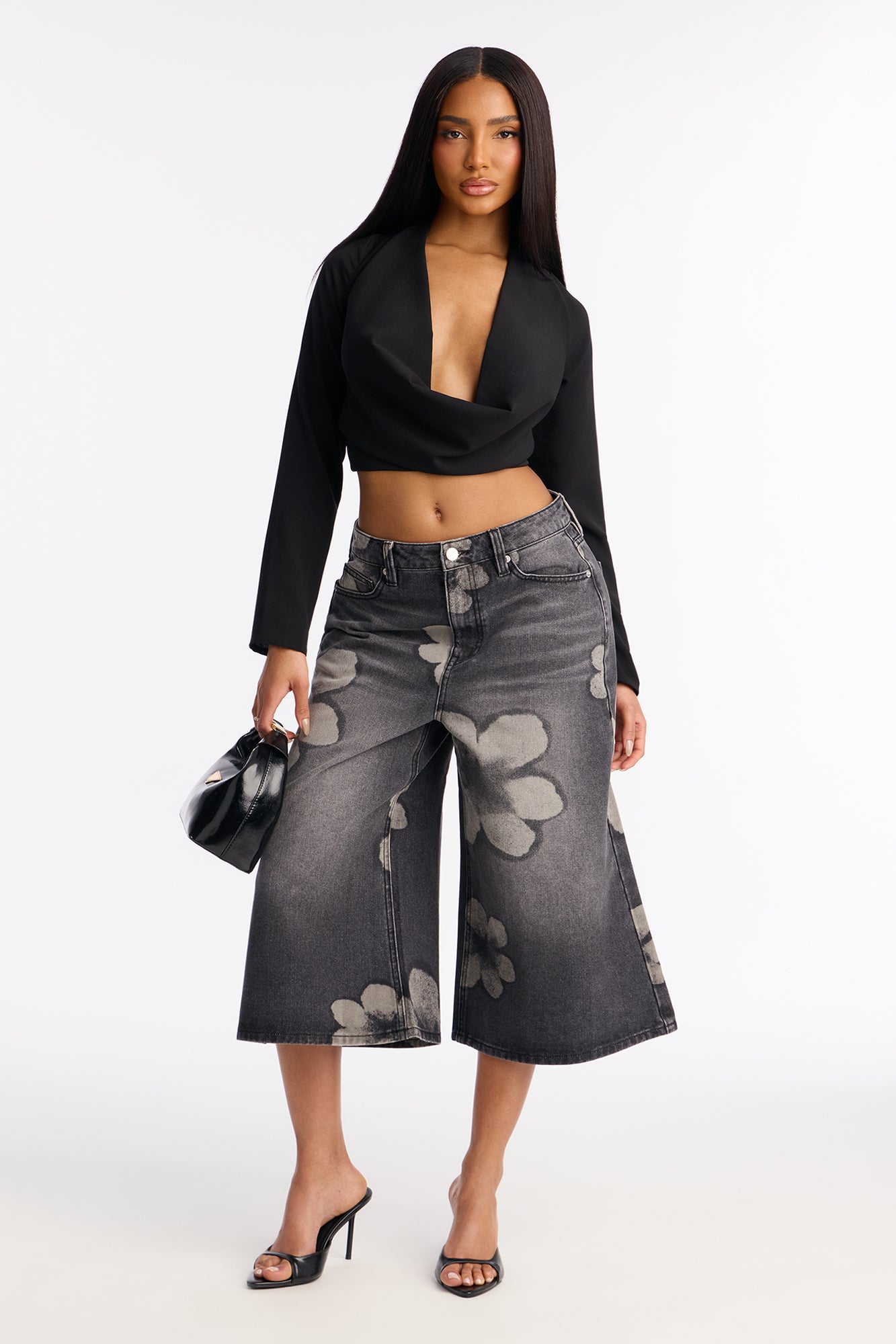 Born To Bloom Wide Leg Culotte Jeans - Black Wash