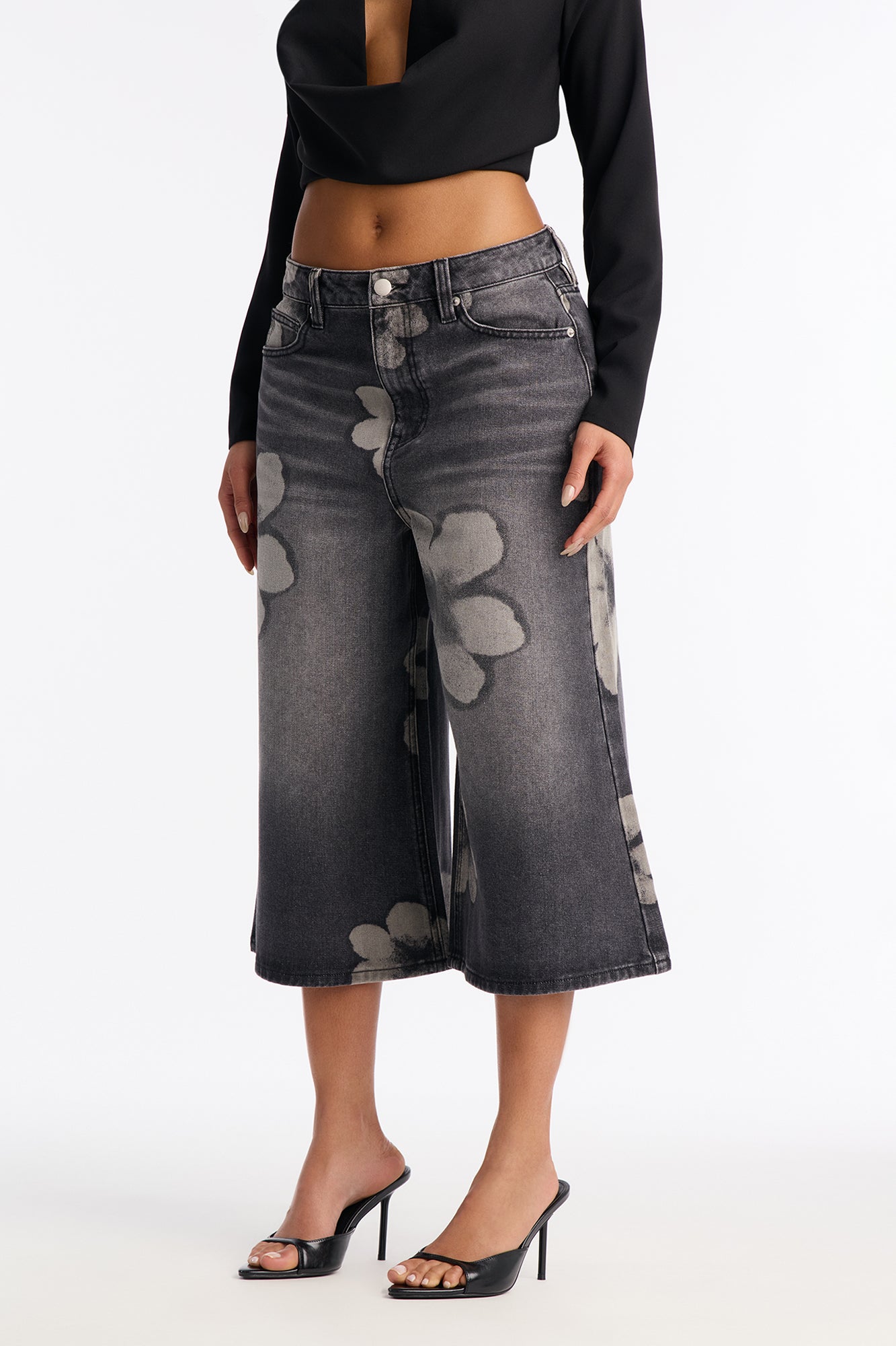 Born To Bloom Wide Leg Culotte Jeans - Black Wash