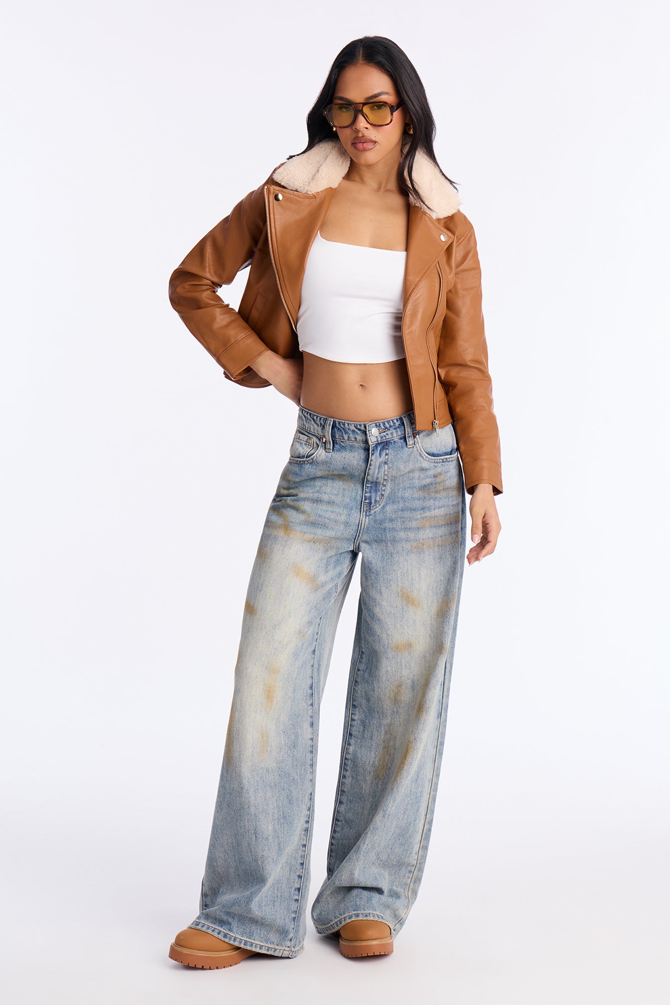 Karissa Faux Leather Fur Collar Moto Jacket - Cognac