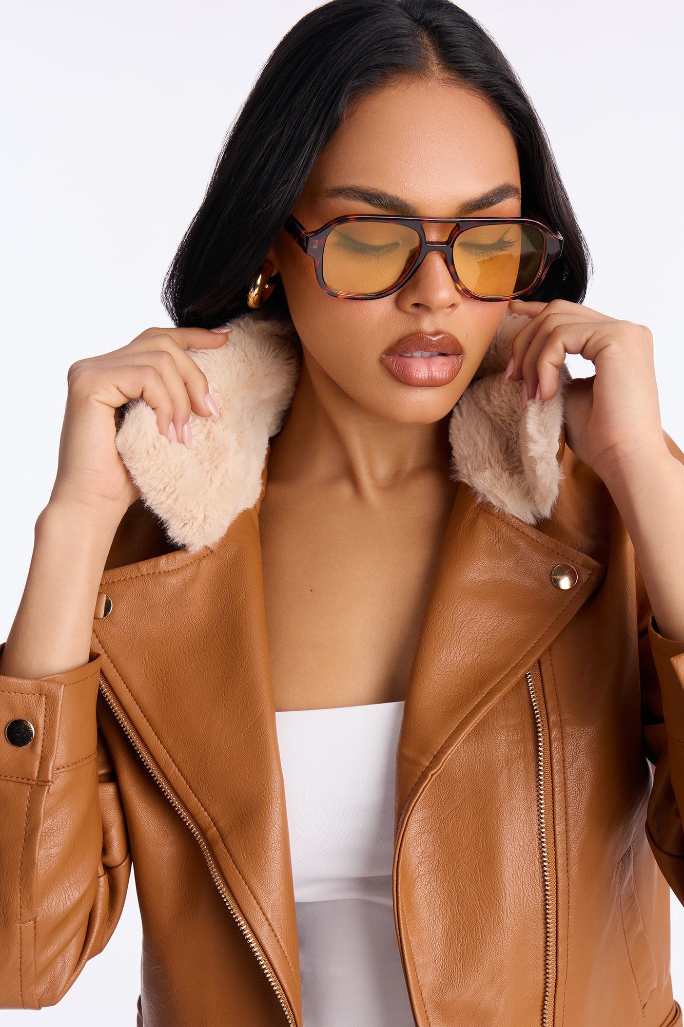 Karissa Faux Leather Fur Collar Moto Jacket - Cognac