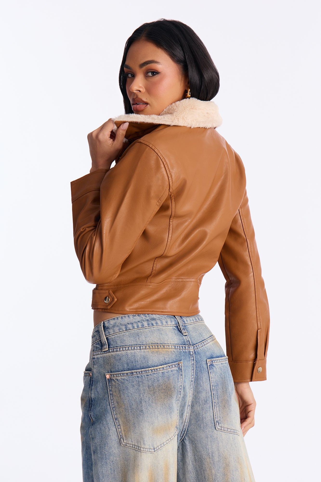 Karissa Faux Leather Fur Collar Moto Jacket - Cognac