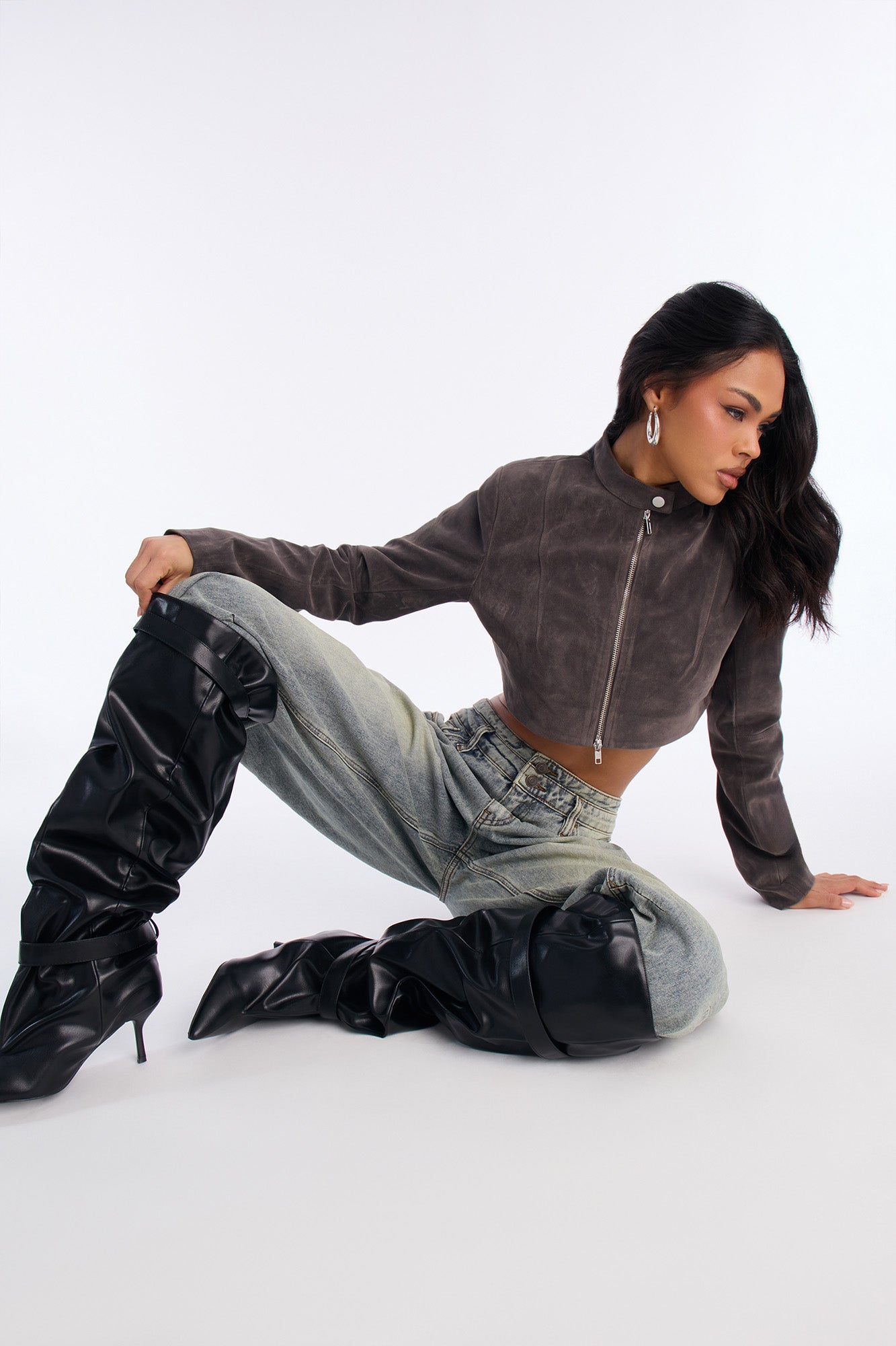 Blake Cropped Faux Suede Moto Jacket - Grey